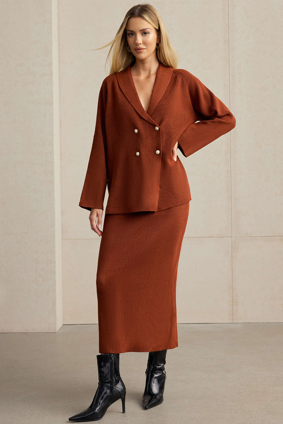 Knit Double-Breasted Lapel Cardigan And Skirt Set - Flockneti