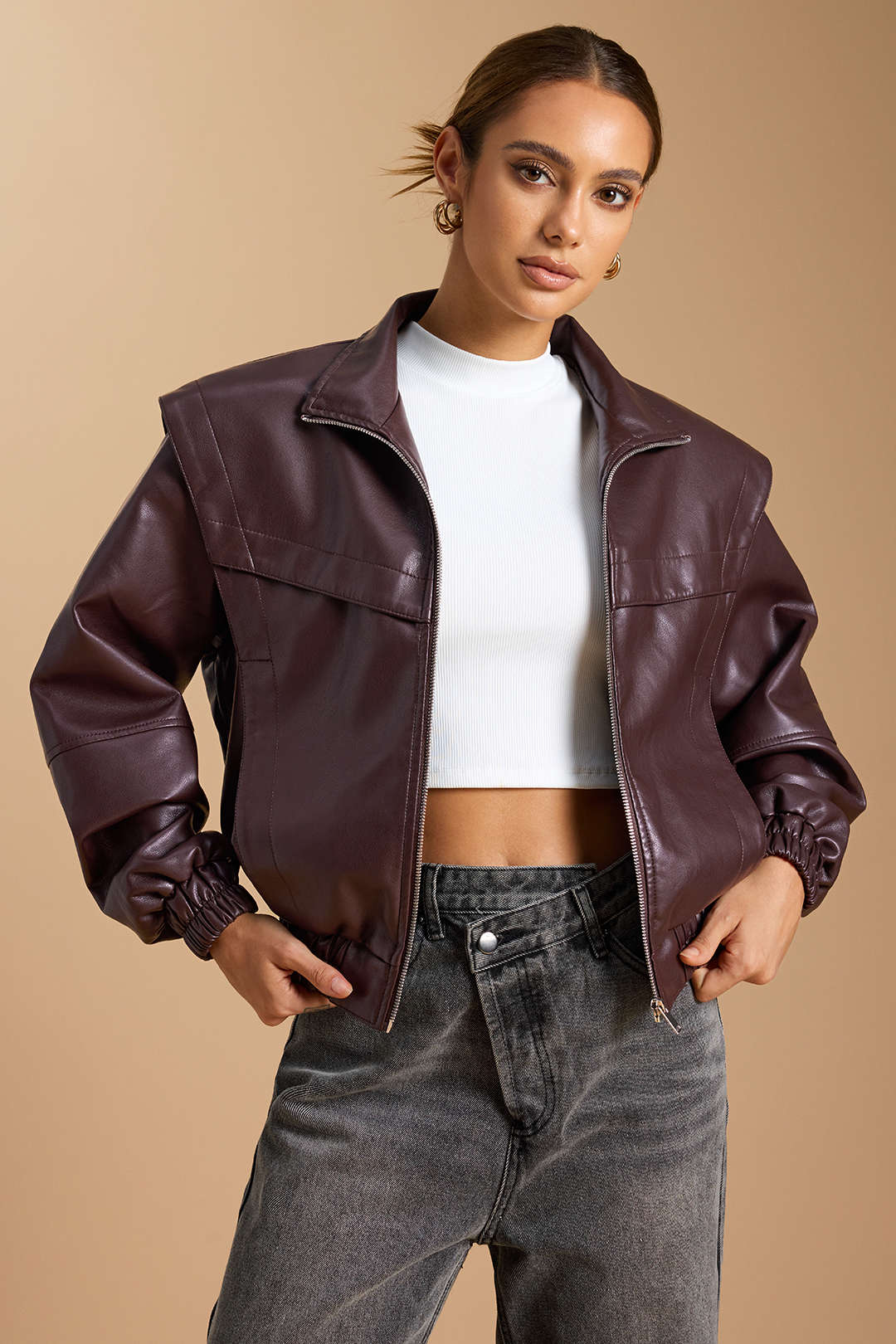 Faux Leather Mock Neck Pocket Zipper Jacket - Flockneti