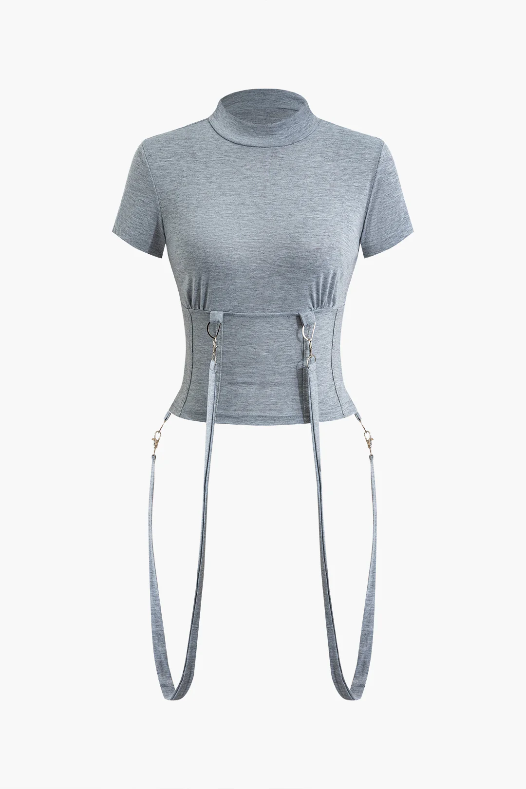 Solid Buckle Mock Neck Short Sleeves Top And Pants Set - Flockneti