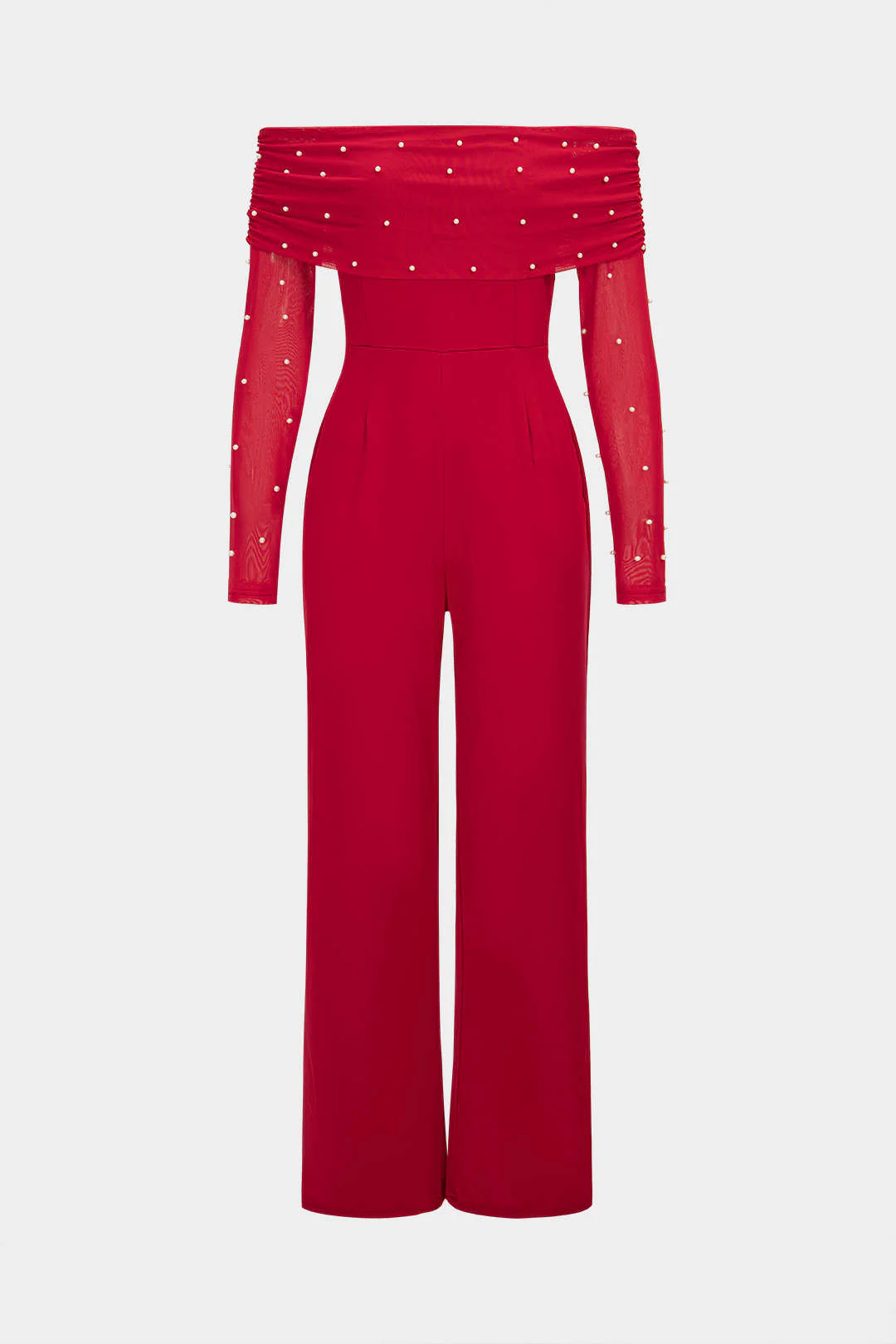 Pearl Decor Off-Shoulder Wide Leg Long Sleeve Jumpsuit - Flockneti