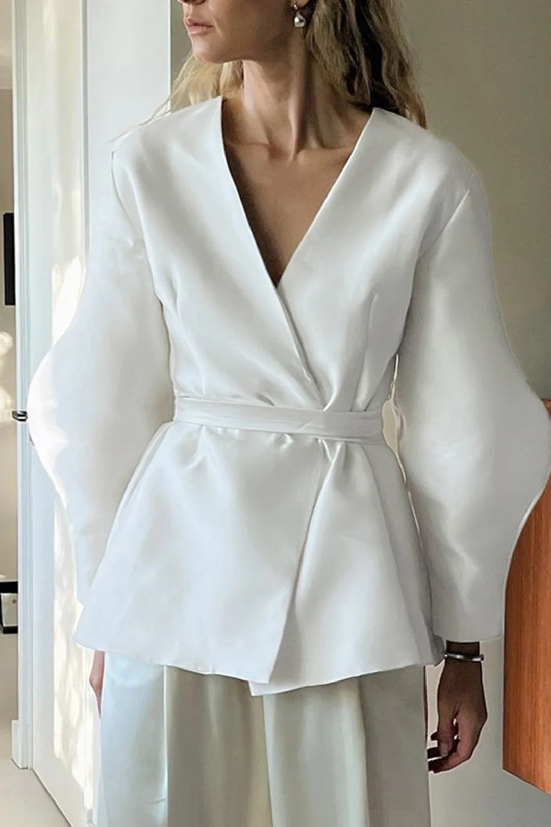 Solid V-Neck Tie Up Long-Sleeve Shirt - Flockneti