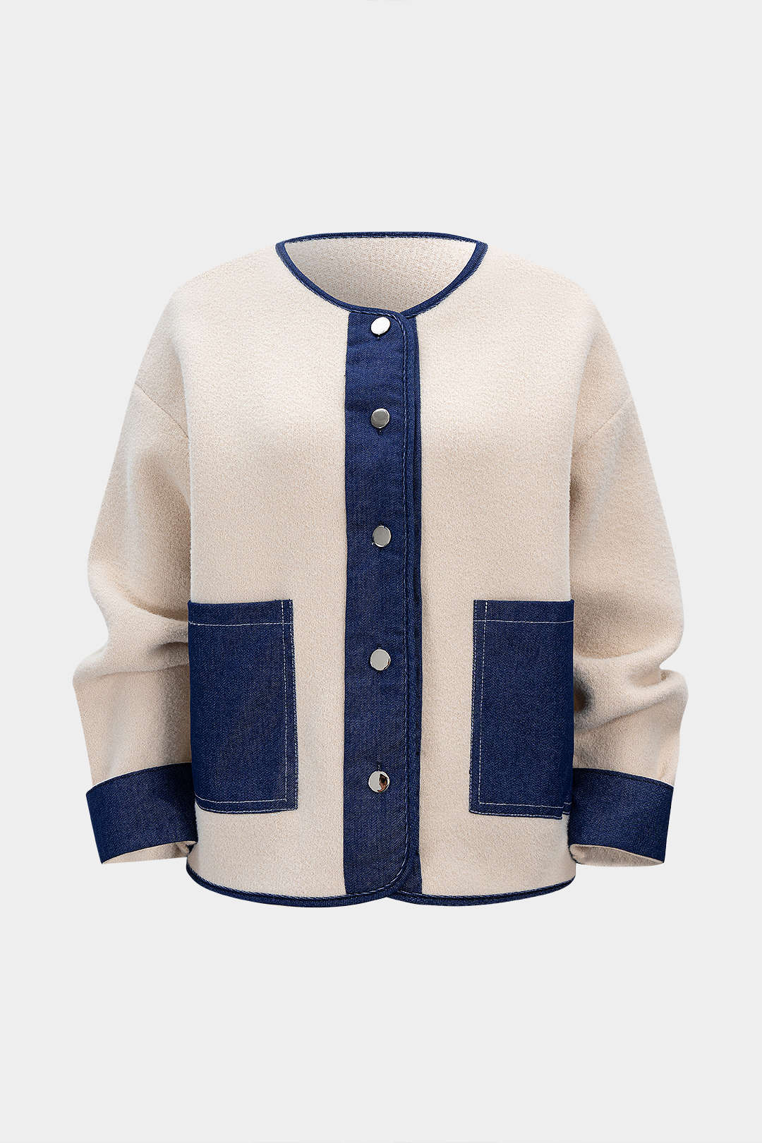 Knitted Denim Patchwork Pocket Cardigan - Flockneti