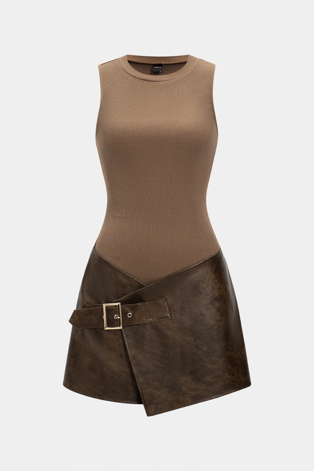 Faux Leather Patchwork Asymmetrical Sleeveless Mini Dress - Flockneti