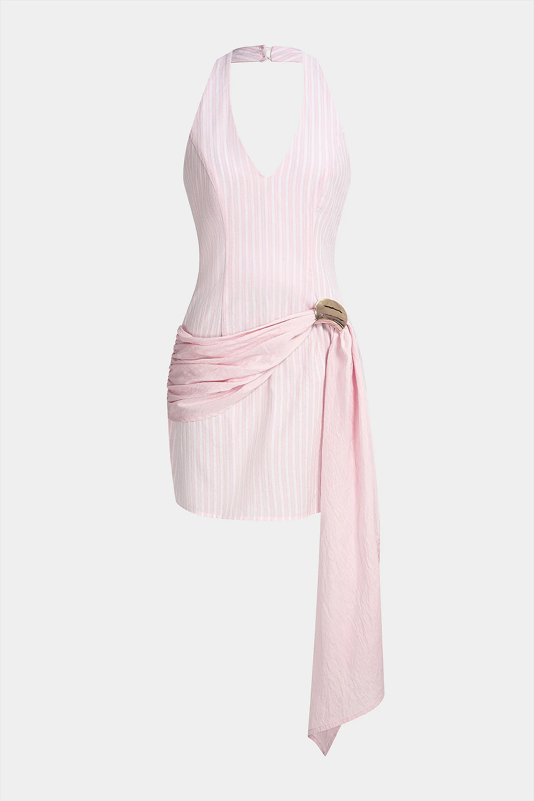 Stripes Print Linen Patchwork Halter V-Neck Asymmetrical Ruched Backless Sleeveless Mini Dress - Flockneti