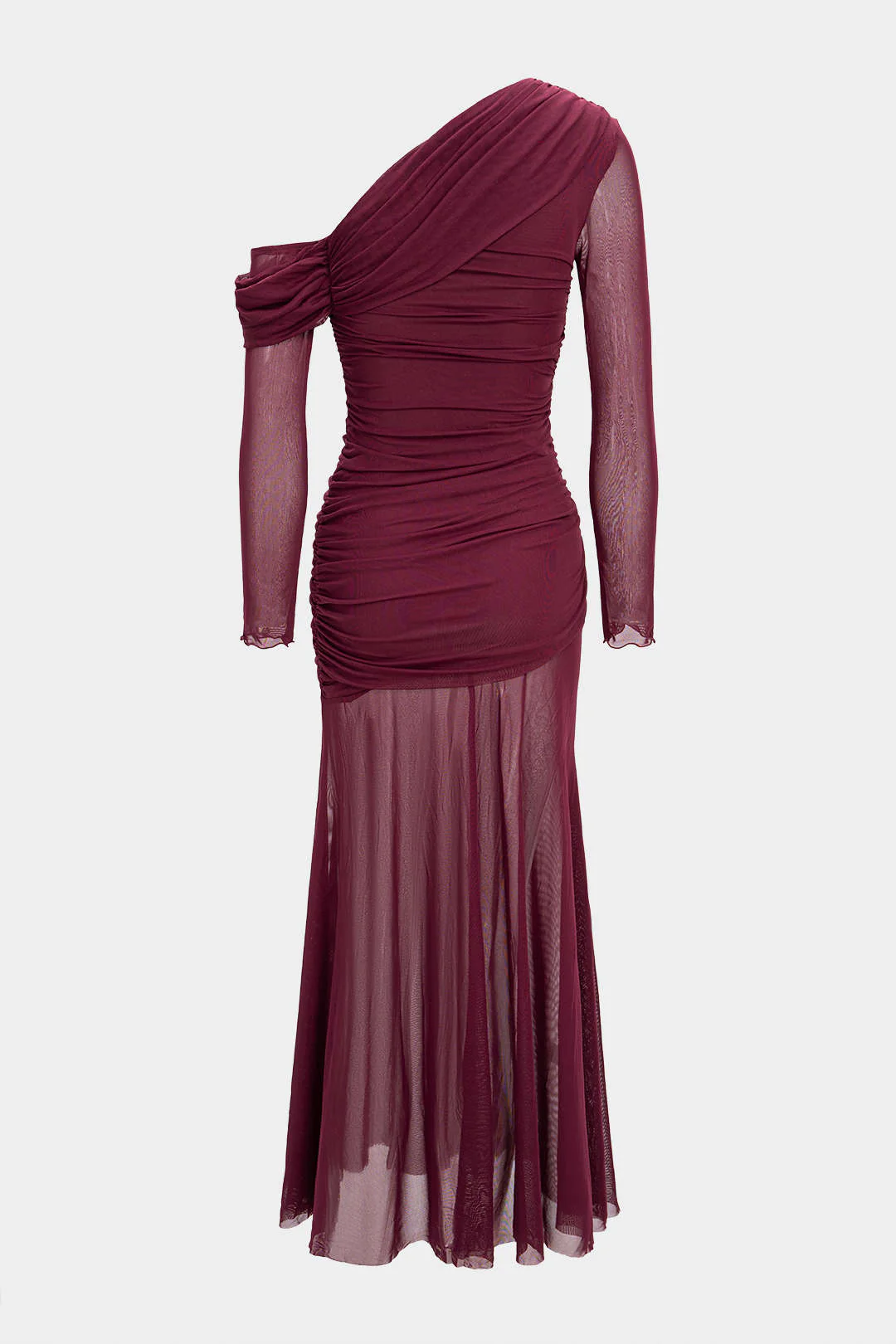 Mesh Patchwork Ruched Long Sleeve Maxi Dress - Flockneti
