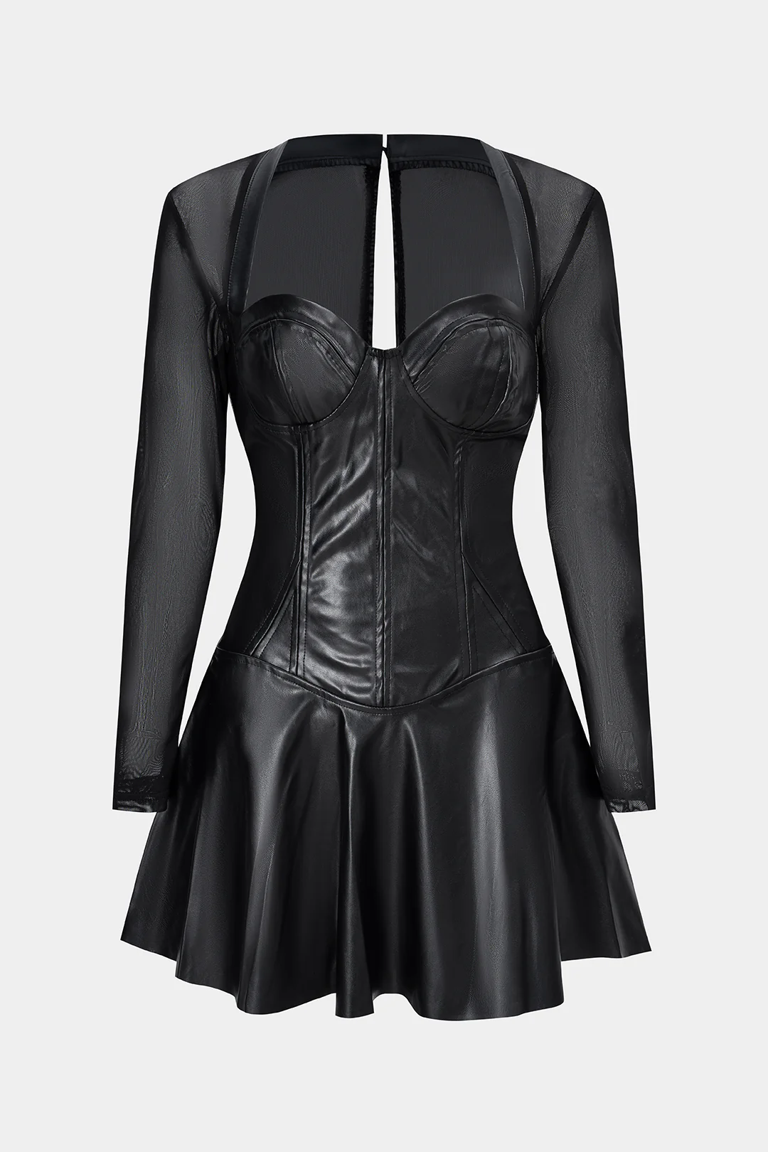Faux Leather Patchwork Mesh Zipper Long Sleeve Mini Dress - Flockneti