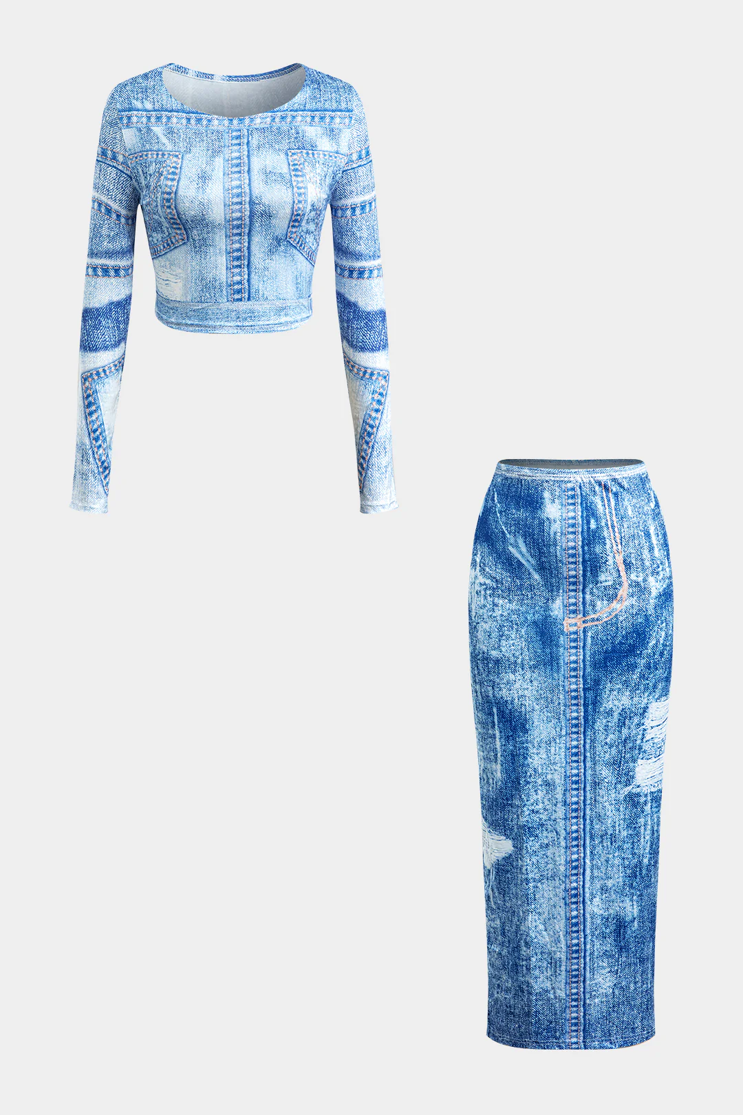 Denim Print Round Neck Long Sleeve Top And Bodycon Skirt Set - Flockneti