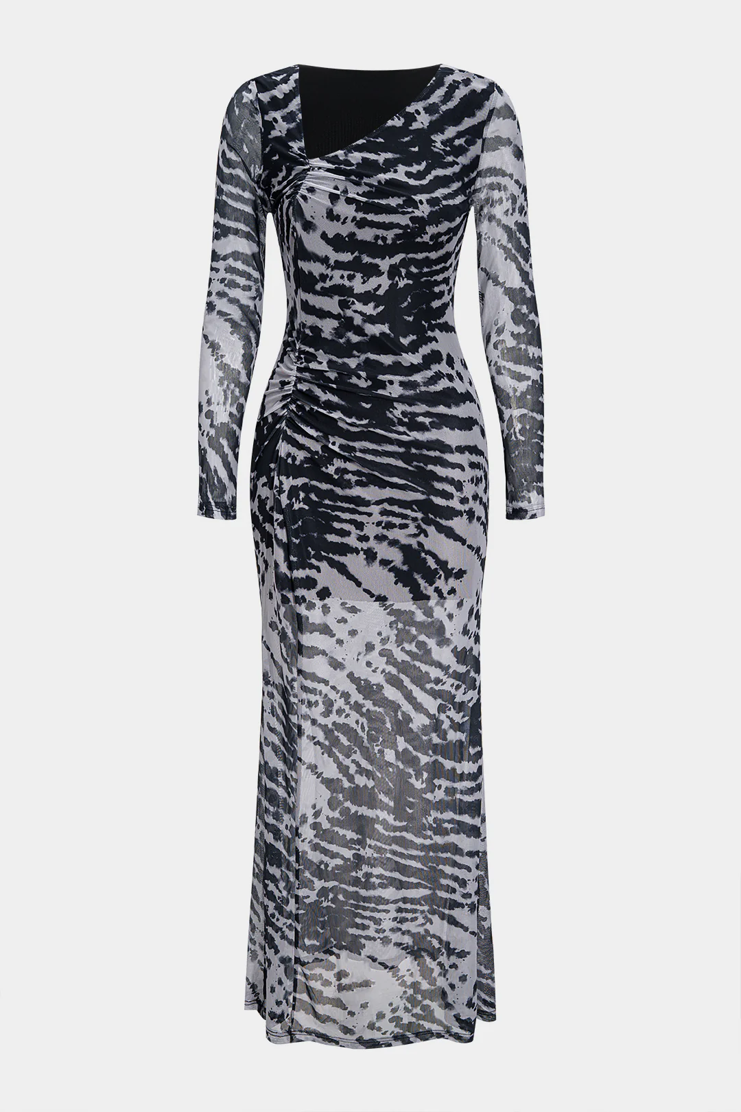 Contrast Print Mesh Ruched Long Sleeve Maxi Dress - Flockneti
