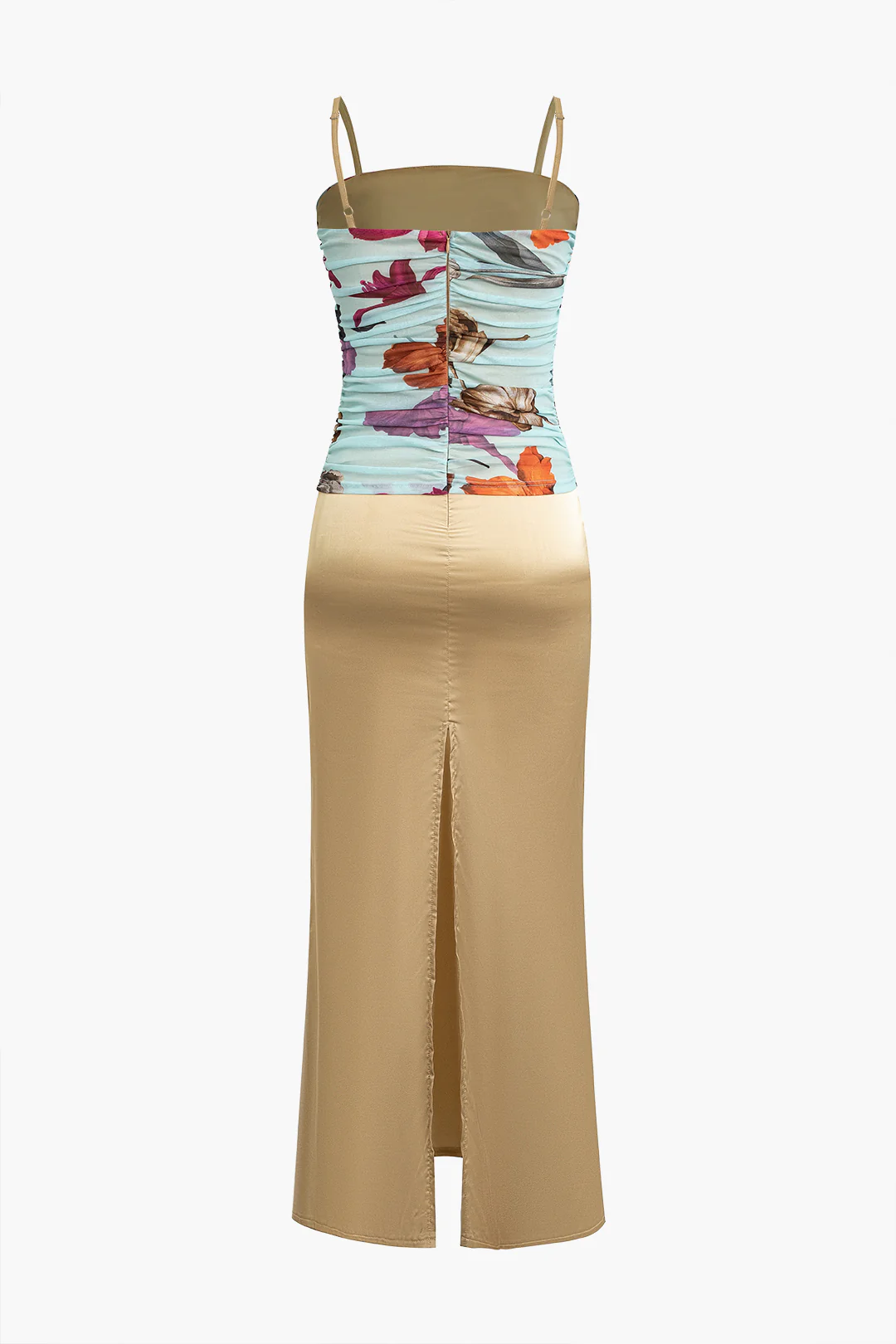 Satin Floral Print Ruched Patchwork Backless Slit Sleeveless Maxi Dress - Flockneti