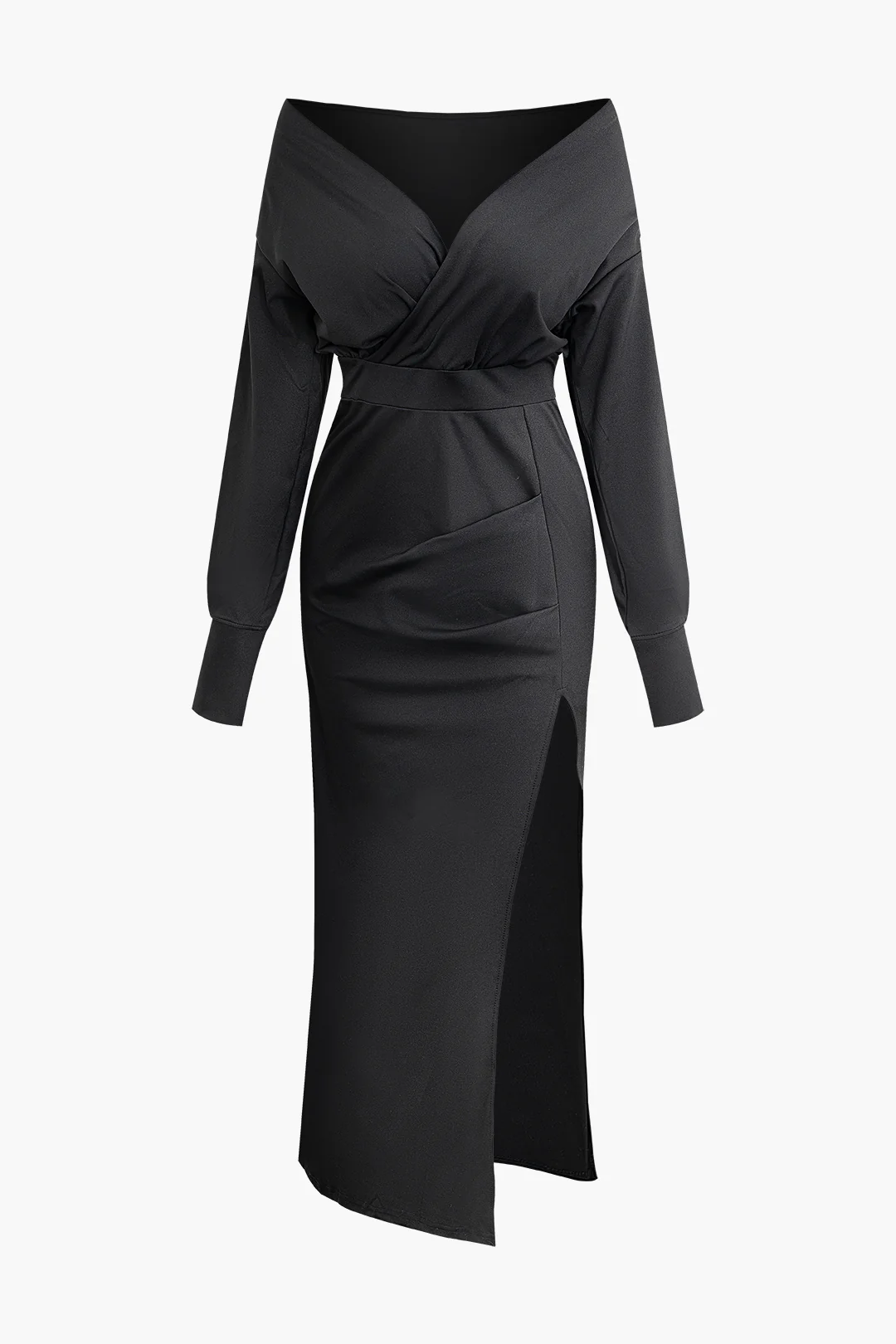 Satin Pleated V-Neck Asymmetrical Side Slit Long Sleeve Midi Dress - Flockneti