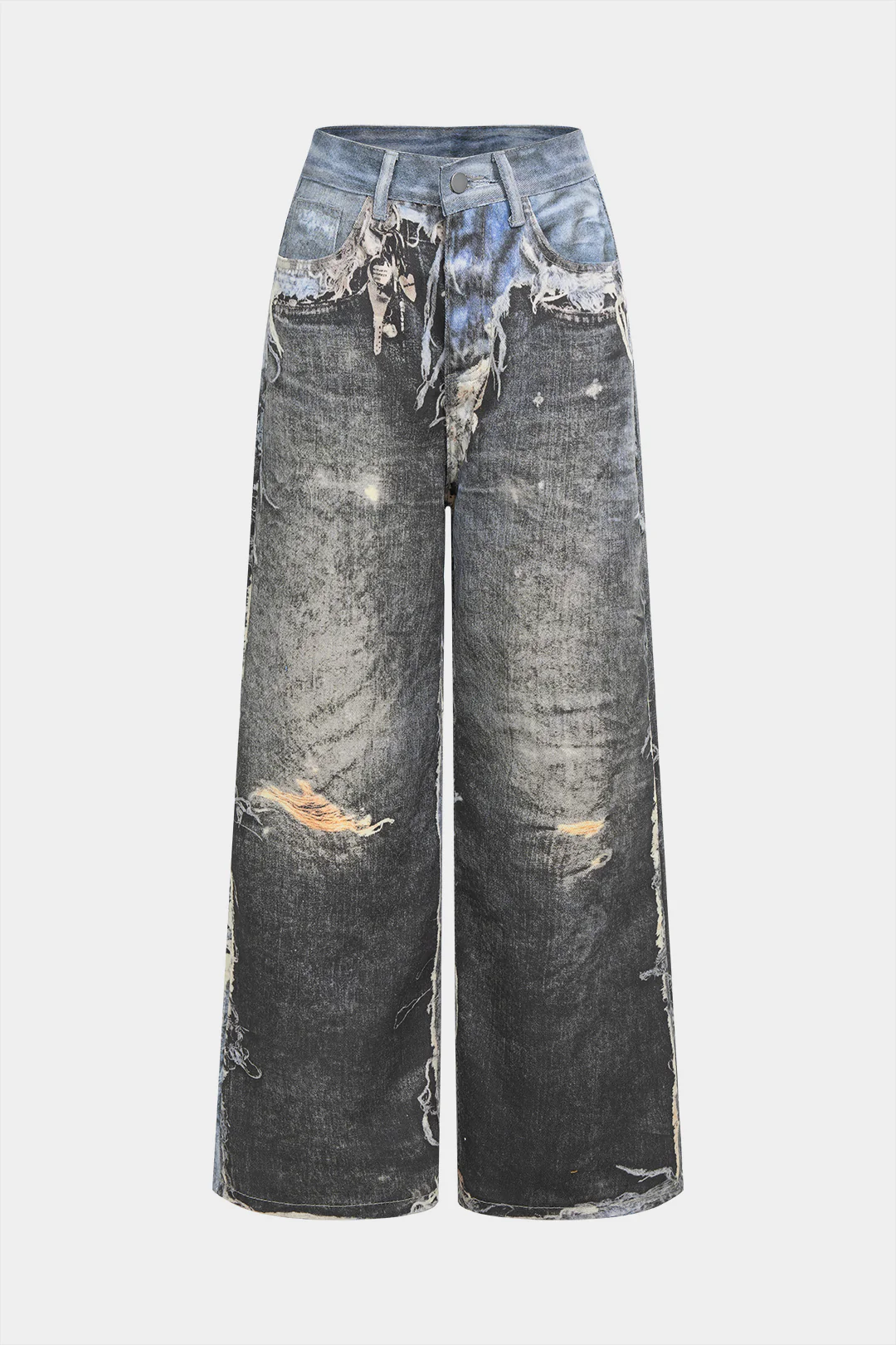 Denim Artistic Print Wide Leg Pants - Flockneti