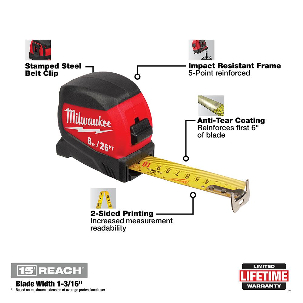 Milwaukee 25Ft Compact Wide Blade Tape Measure - Flockneti