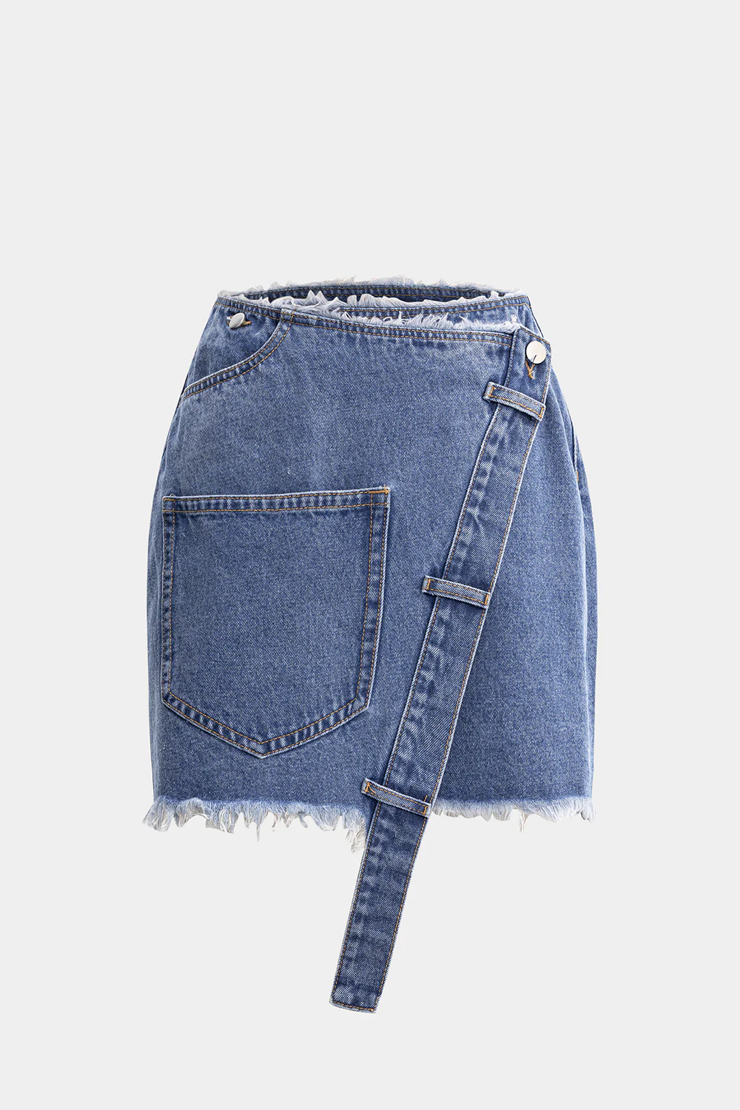 Denim Asymmetrical Pocket Frayed Skirt - Flockneti