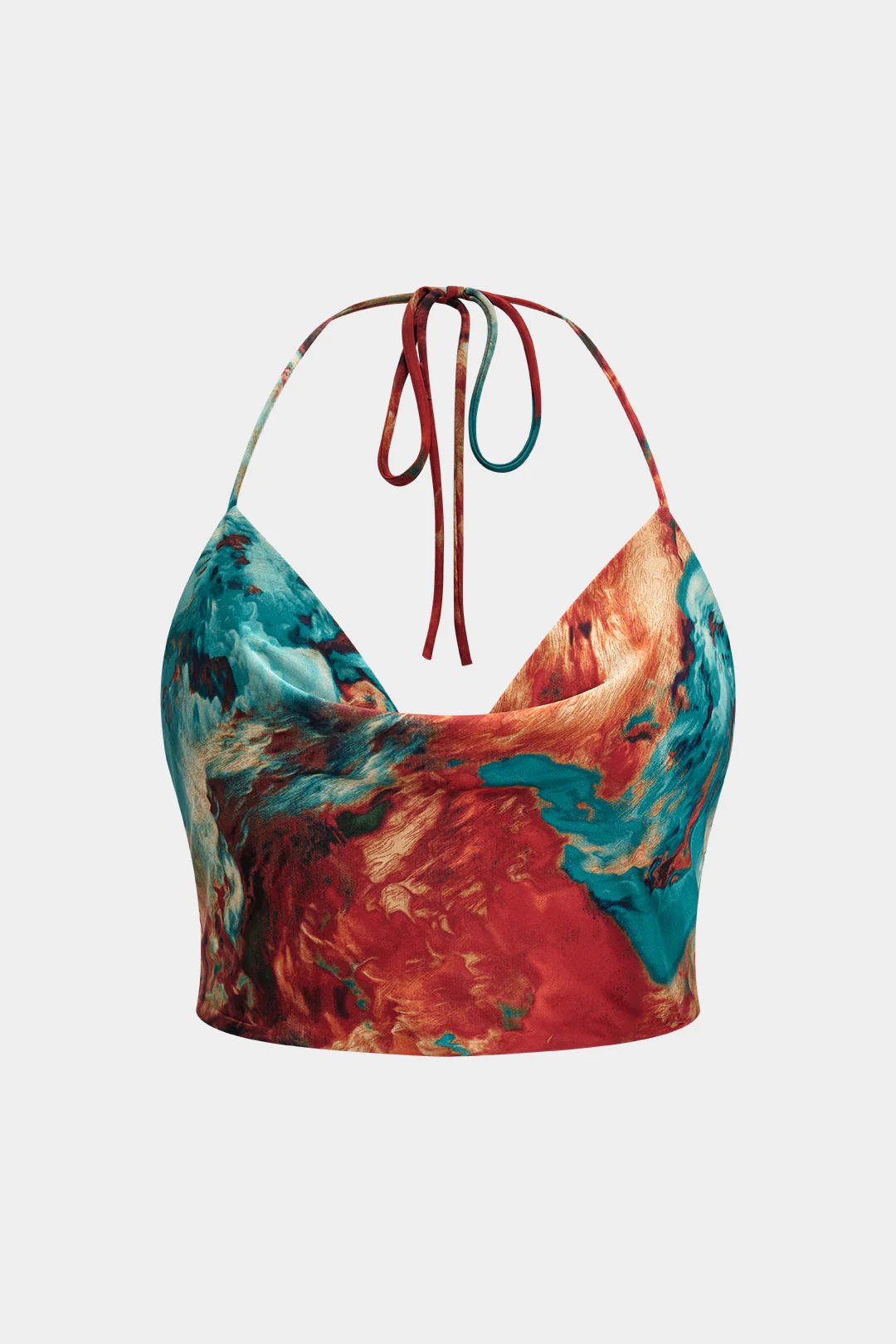 Plus Size Satin Abstract Pattern Zipper Cowl Neck Halter Neck Tie-Up Cami Top - Flockneti