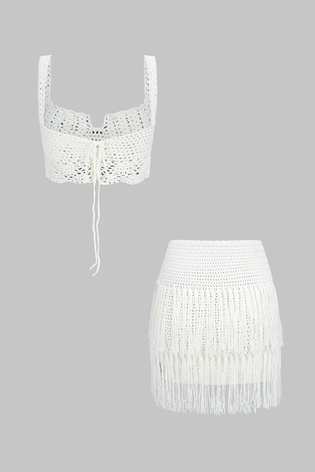 Knit Hollow Out Tie-Back Cami Top And Fringe Skirt Set - Flockneti