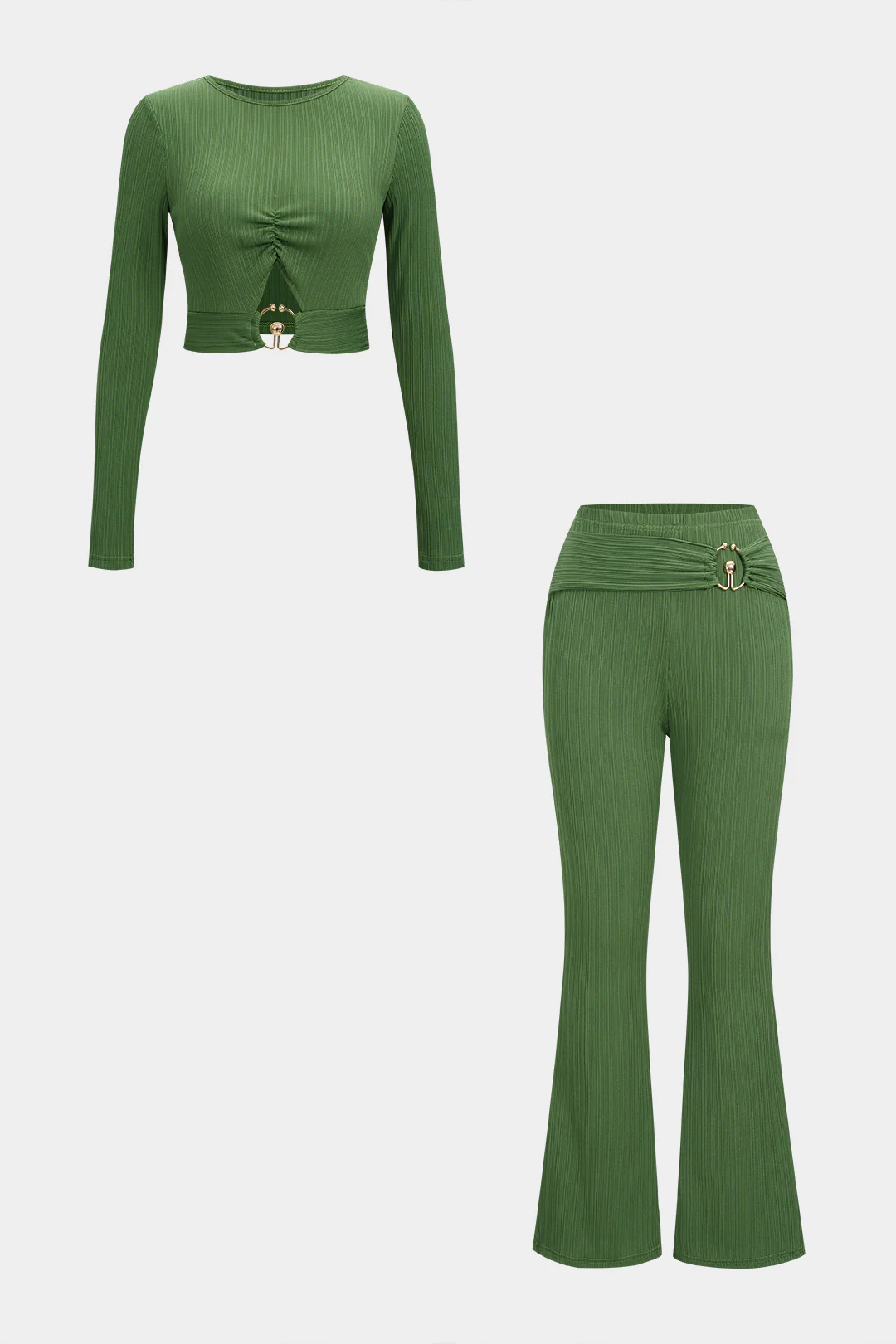 Metallic Decor Ribbed Cut Out Long Sleeve Top And Flared Pants Set - Flockneti