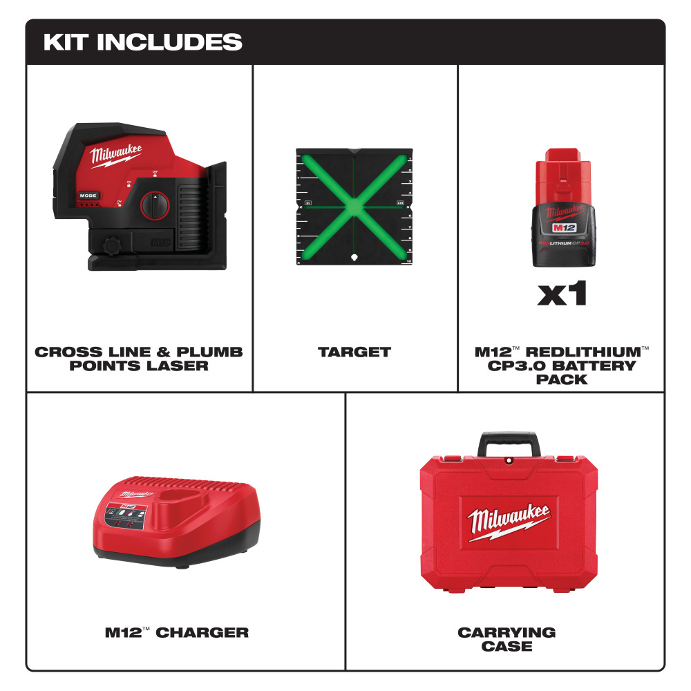 Milwaukee M12 Green Beam Laser Kit Cross Line & Plumb Points - Flockneti