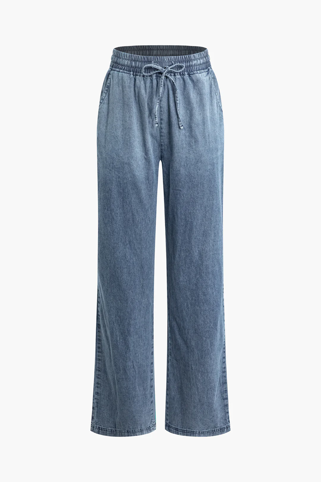 Denim Pocket Drawstring Tie Up Wide Leg Jeans - Flockneti