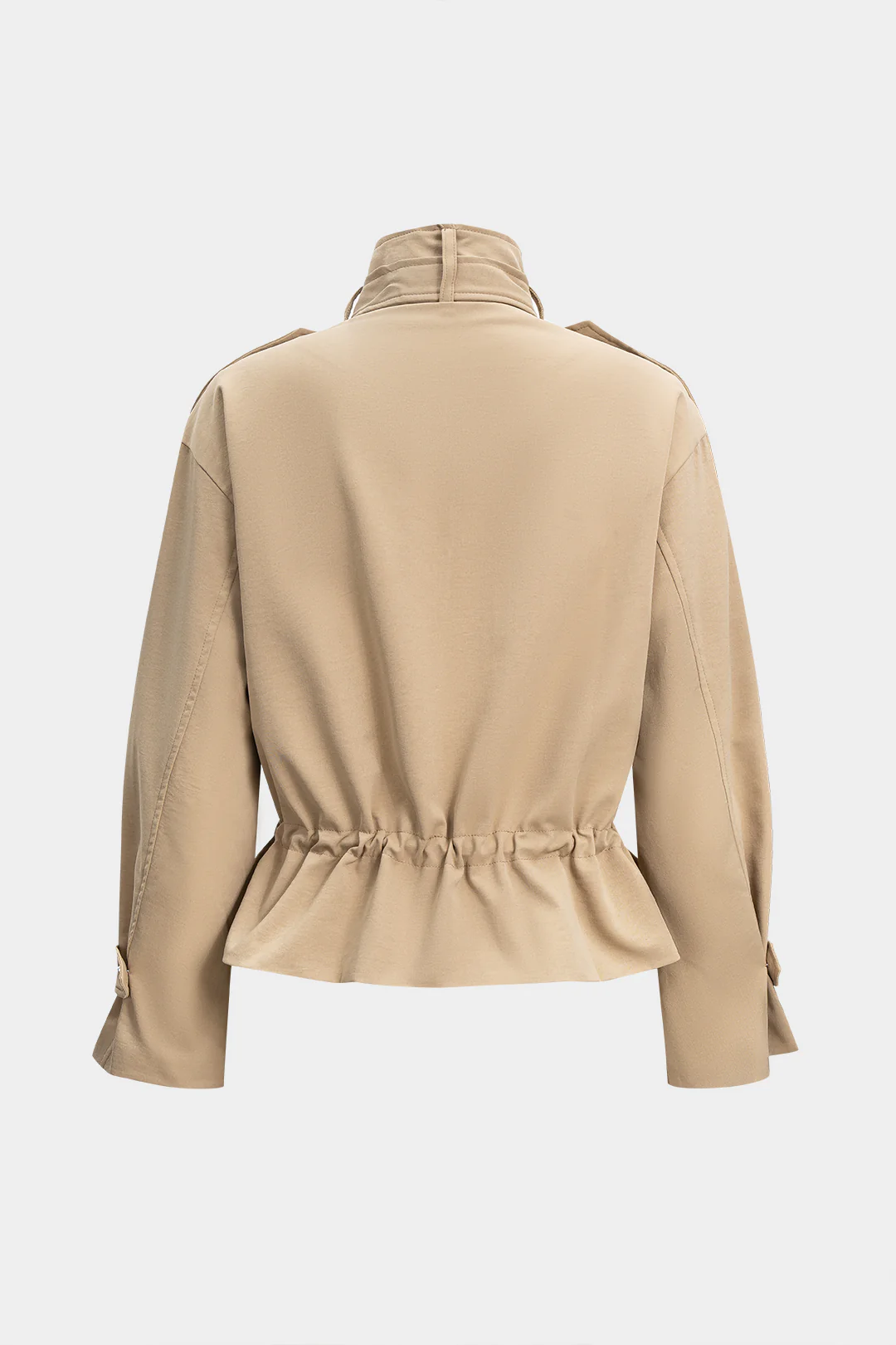 High Collar Pocket Drawstring Long Sleeve Jacket - Flockneti