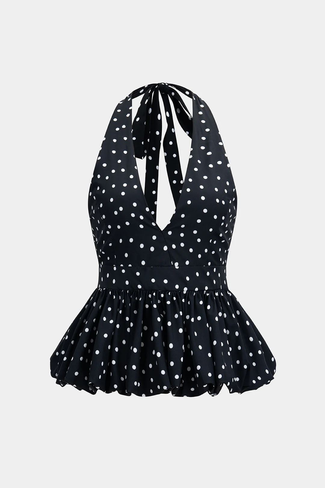 Polka Dots Print Halter Neck Tie-Up Puff Hem Backless Tank Top - Flockneti