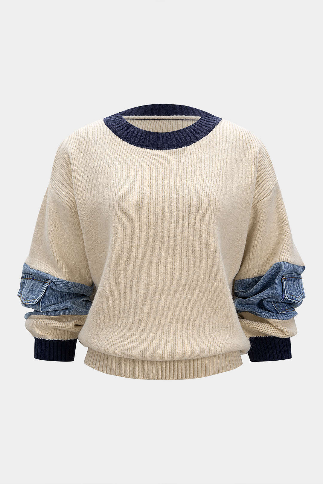 Knit Denim Patchwork Contrast Ribbed Long-Sleeve Top - Flockneti