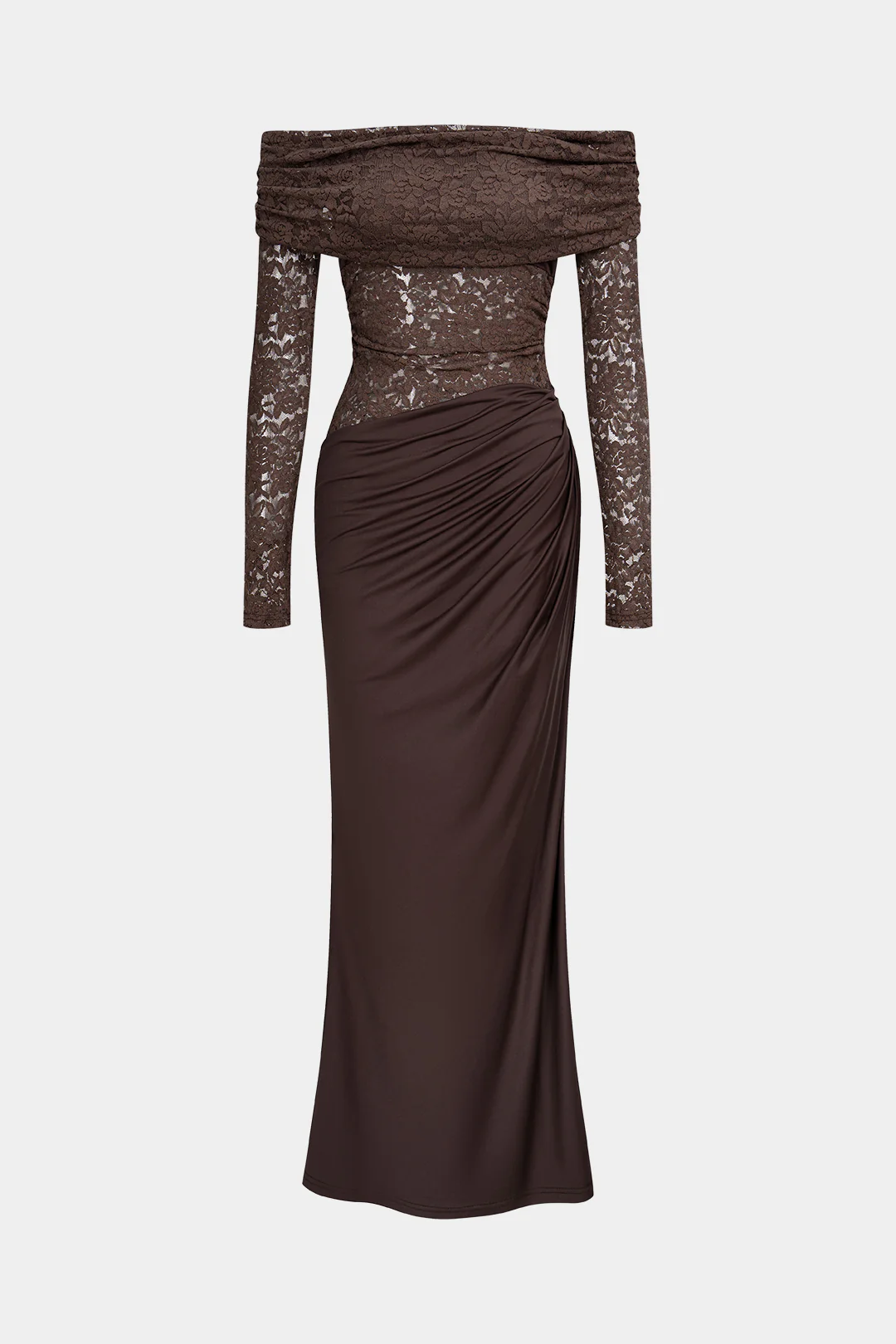 Lace Patchwork Off Shoulder Ruched Long Sleeve Maxi Dress - Flockneti
