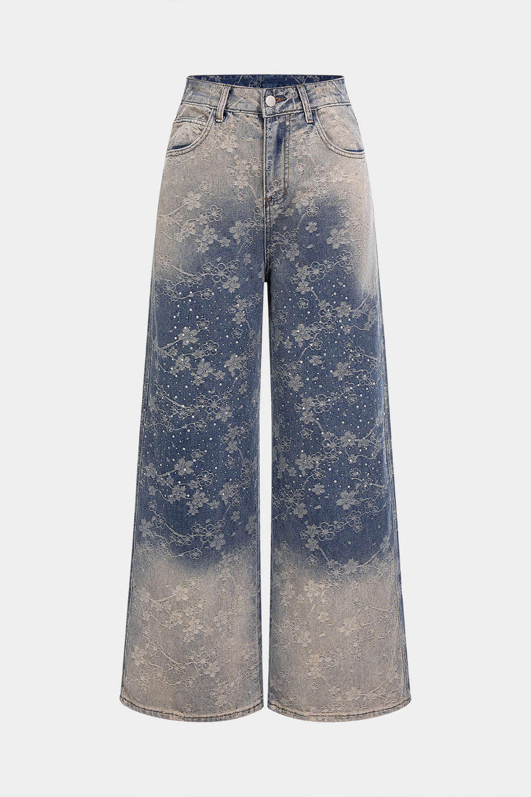 Denim Floral Print Rhinestone Pocket Straight Leg Jeans - Flockneti