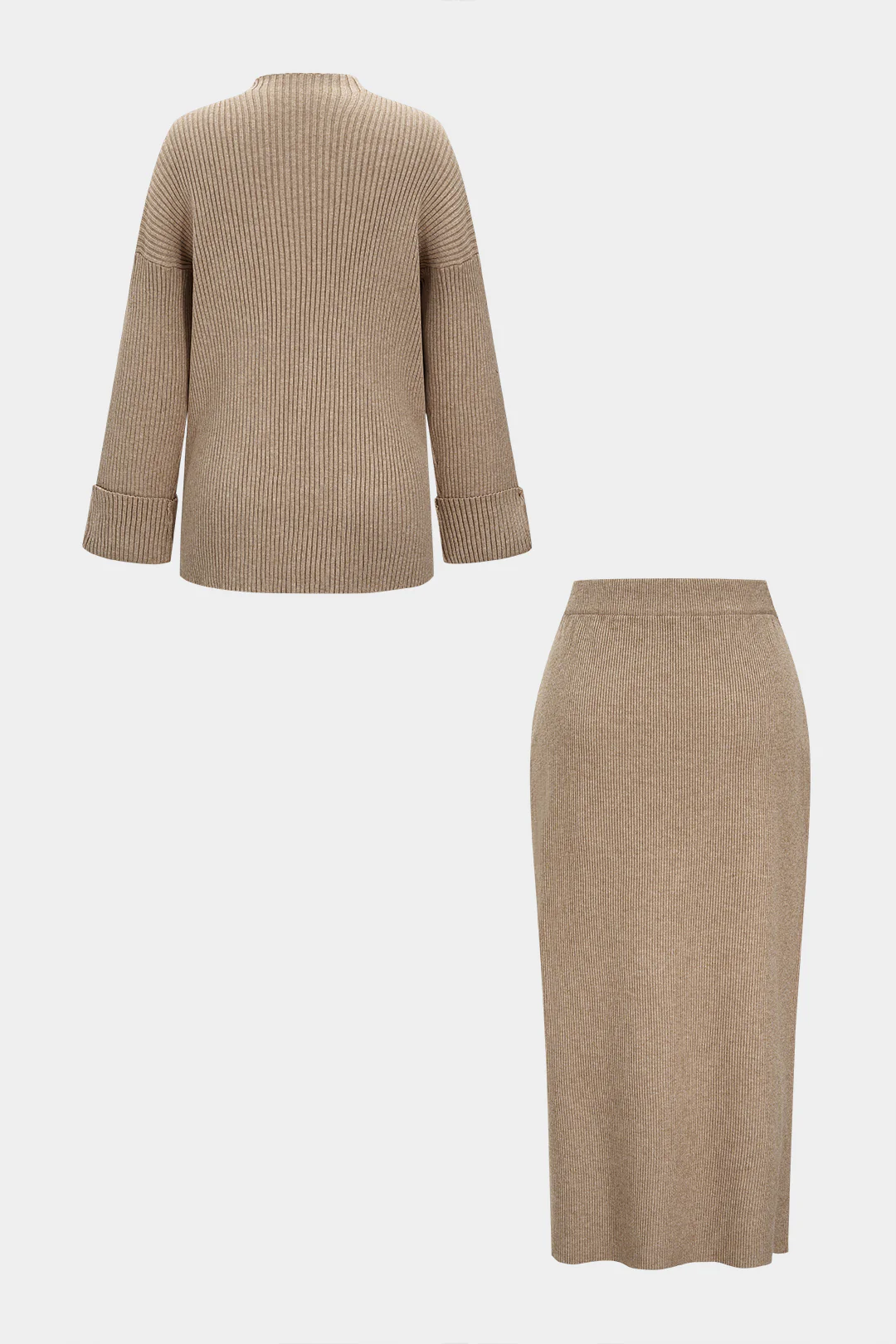 Knit Asymmetrical Button Side Slit Long-Sleeve Top And Skirt Set - Flockneti