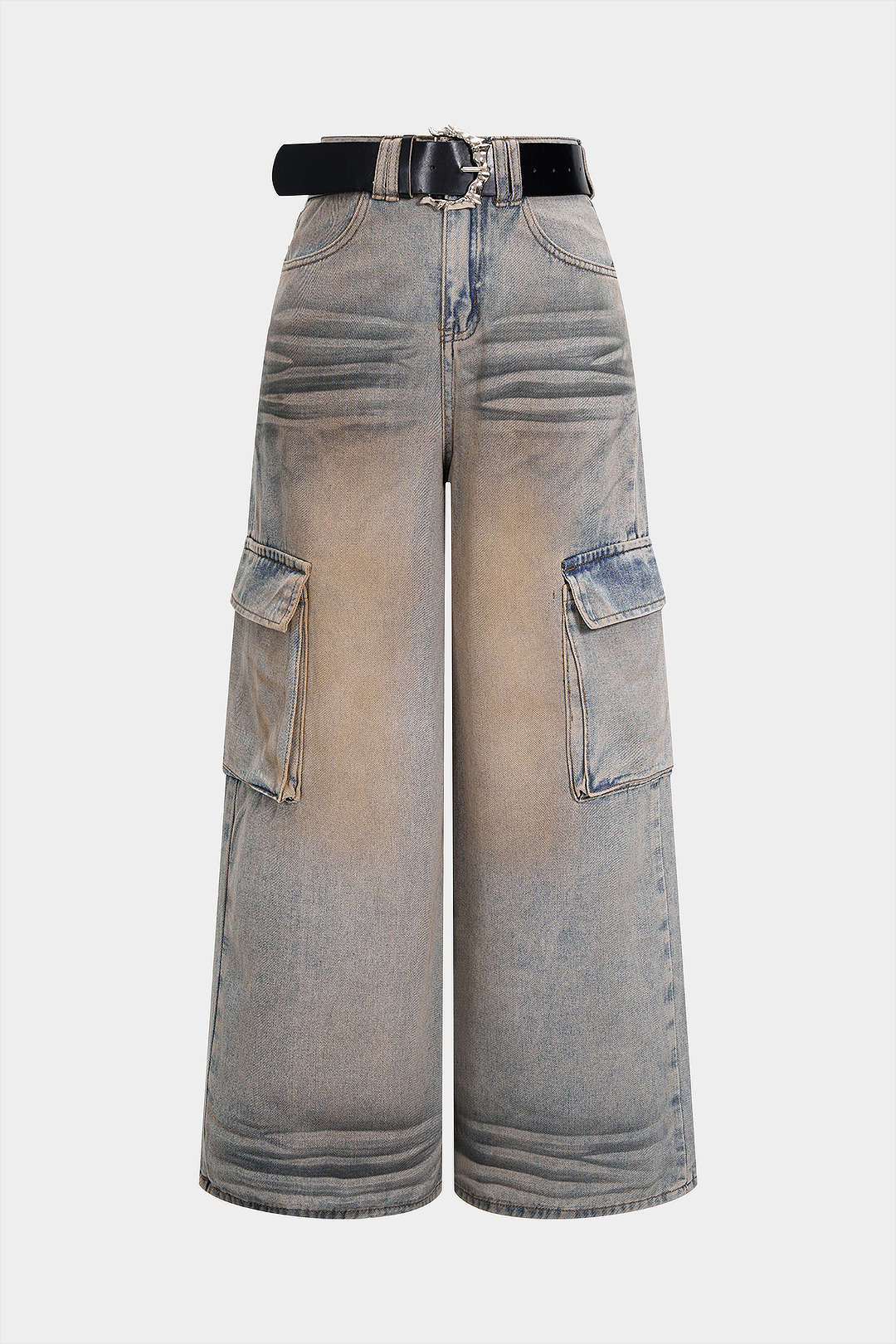 Denim Washed Belted Jeans - Flockneti