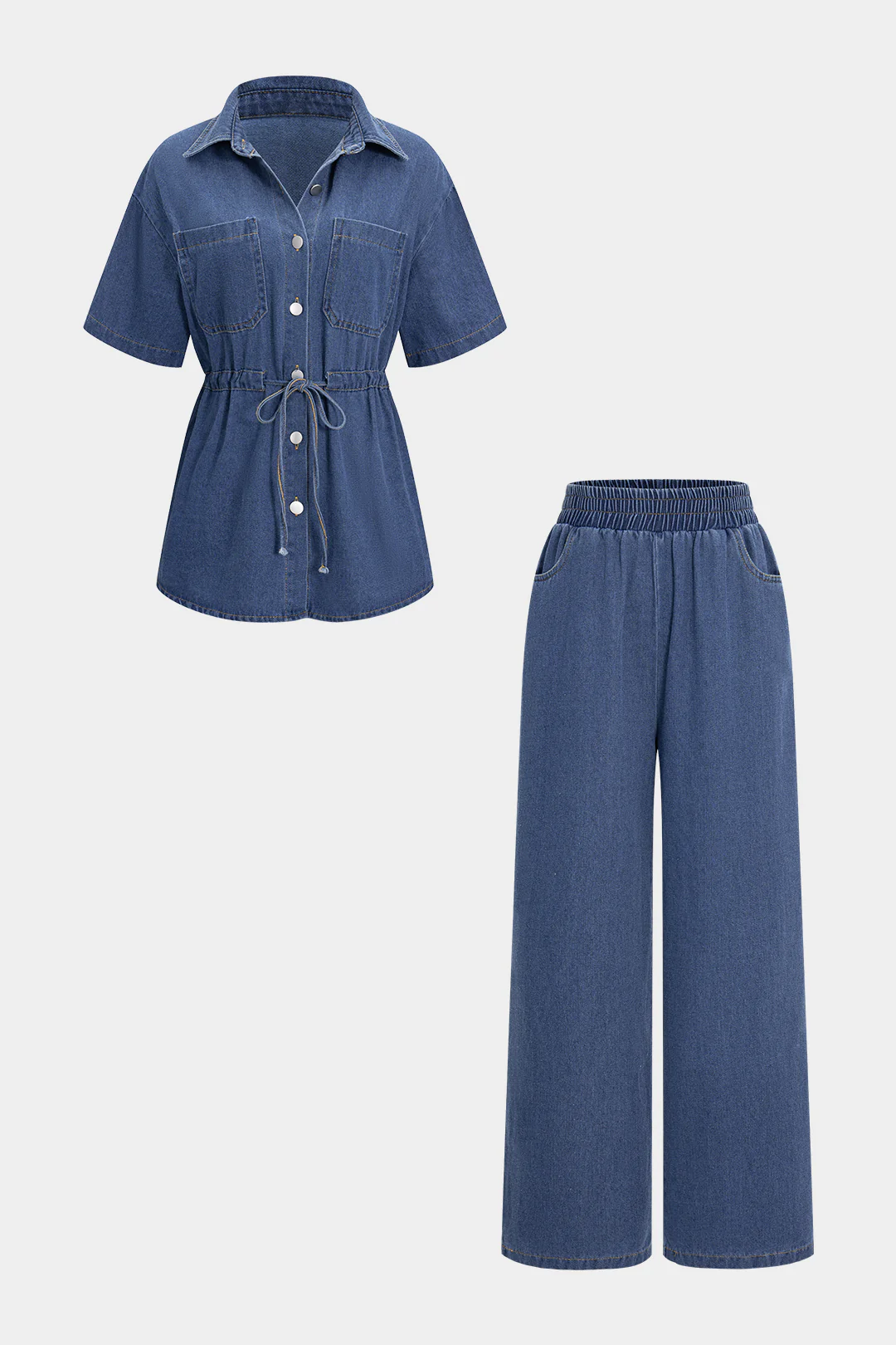 Denim Drawstring Buttons Top And Jeans Set - Flockneti