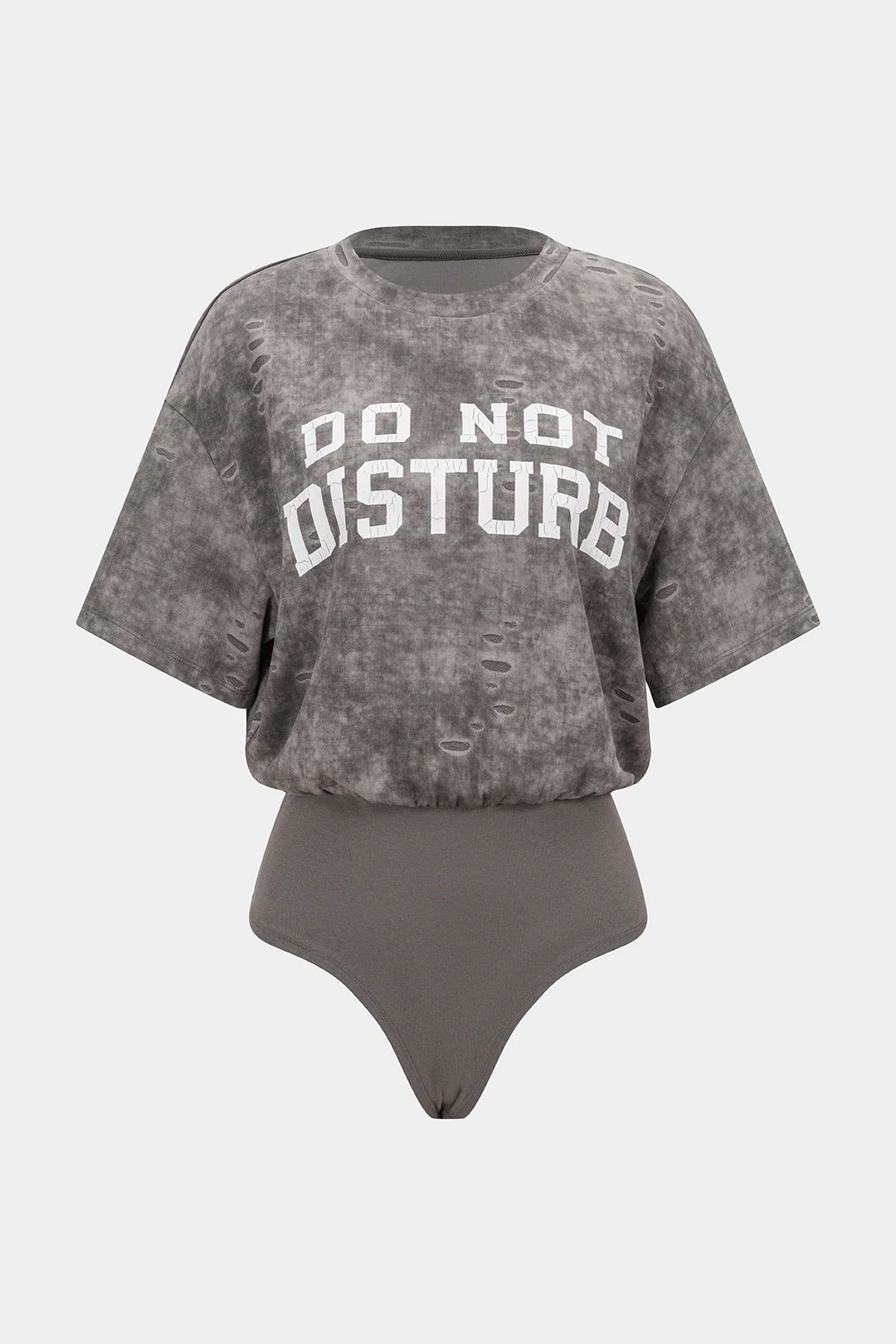 Letter Print Round Neck Ruched Short Sleeve Bodysuit - Flockneti