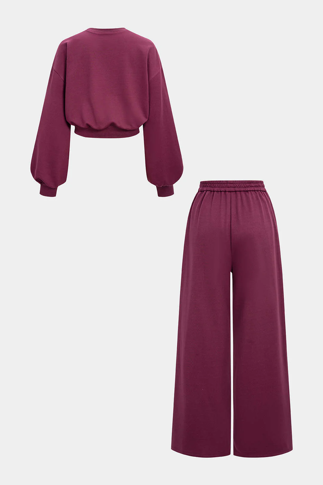 Solid Ruched Long Sleeve Top And Shirred Waistband Wide Leg Pants Set - Flockneti