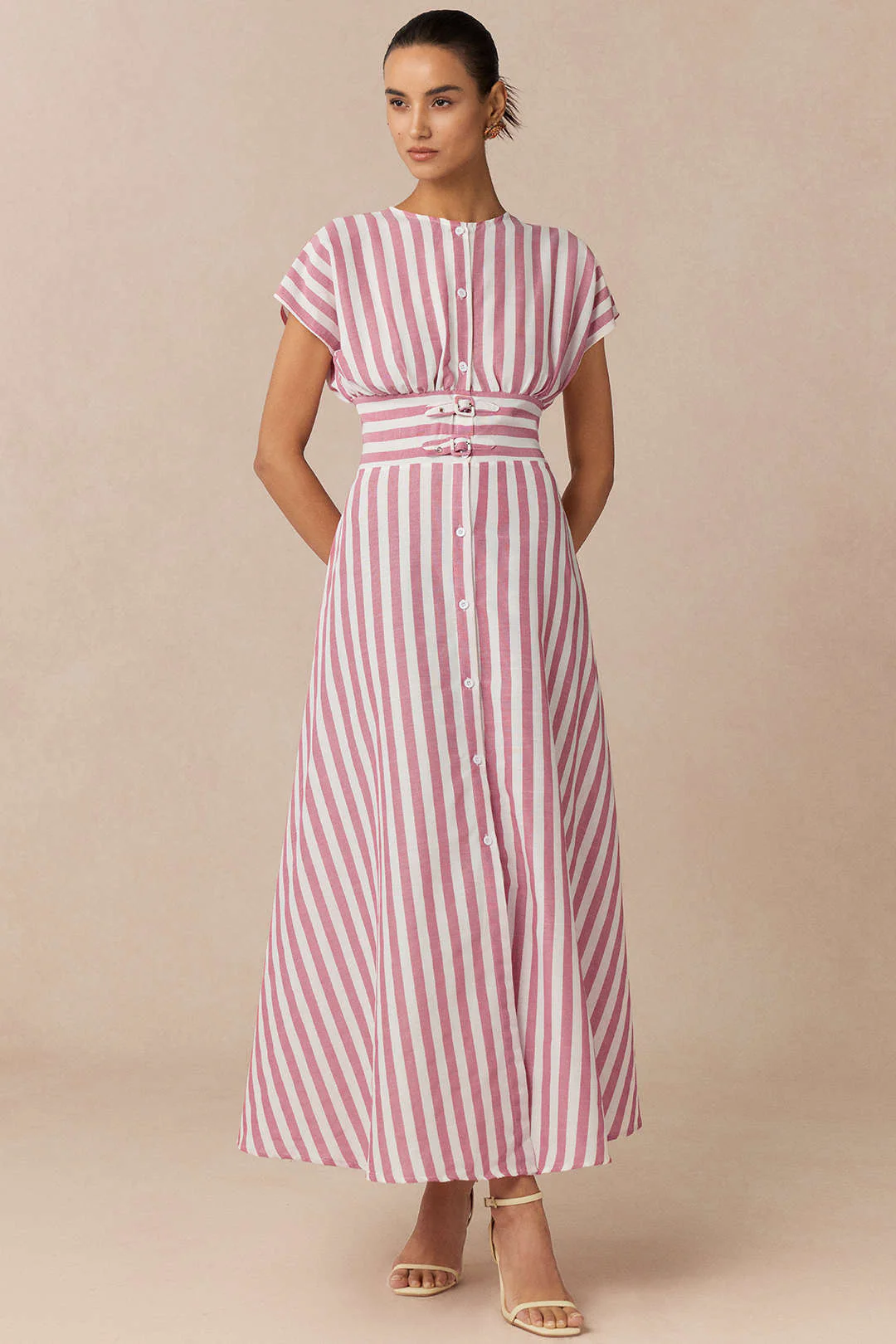 Stripes Print Round Neck Button Flutter Sleeve Dress - Flockneti