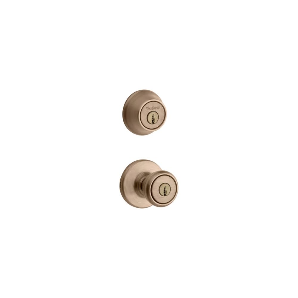 Kwikset Antique Brass Tylo Door Knob & Single Cylinder Deadbolt Set - Flockneti