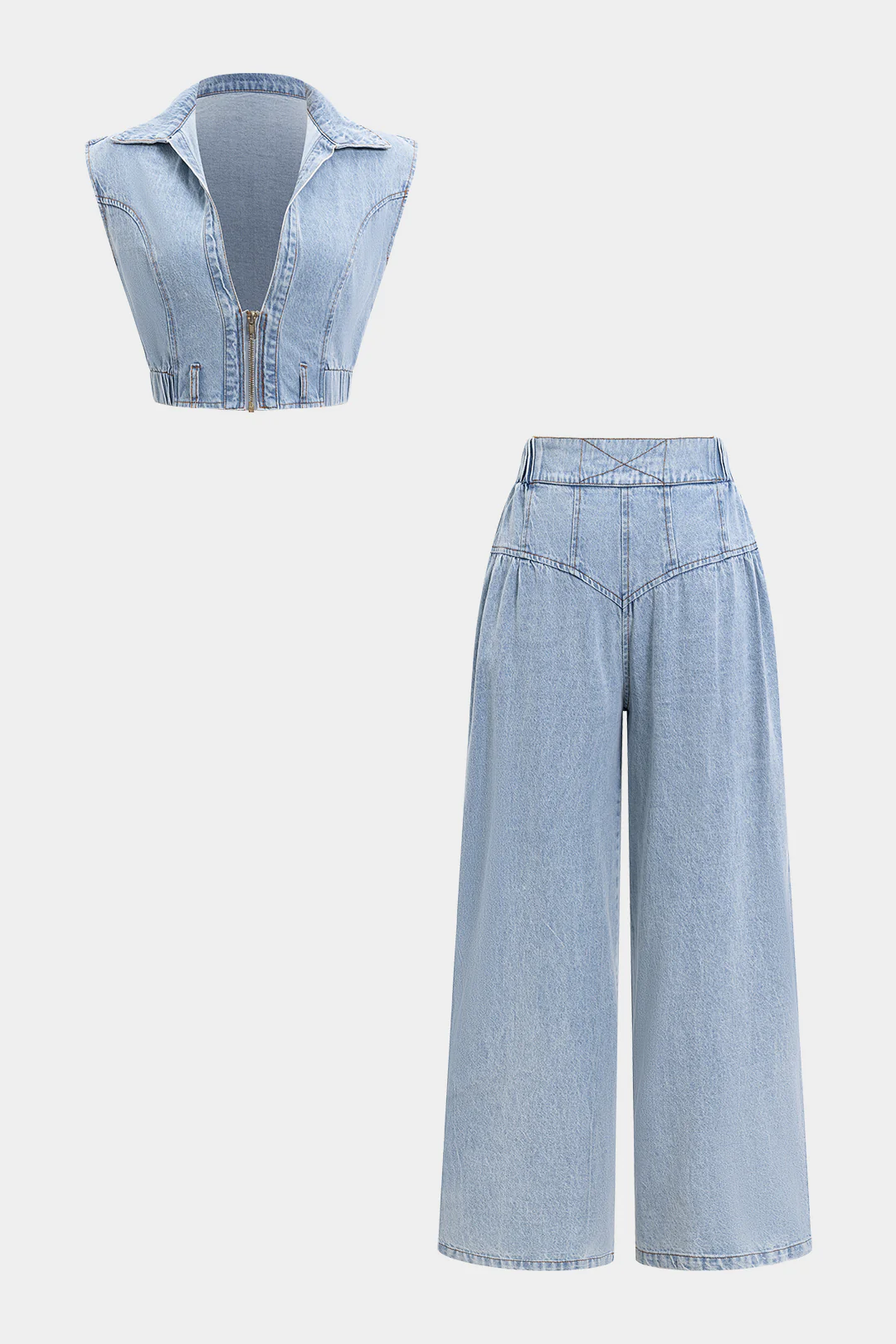Denim V-Neck Zipper Tank Top And Jeans Set - Flockneti