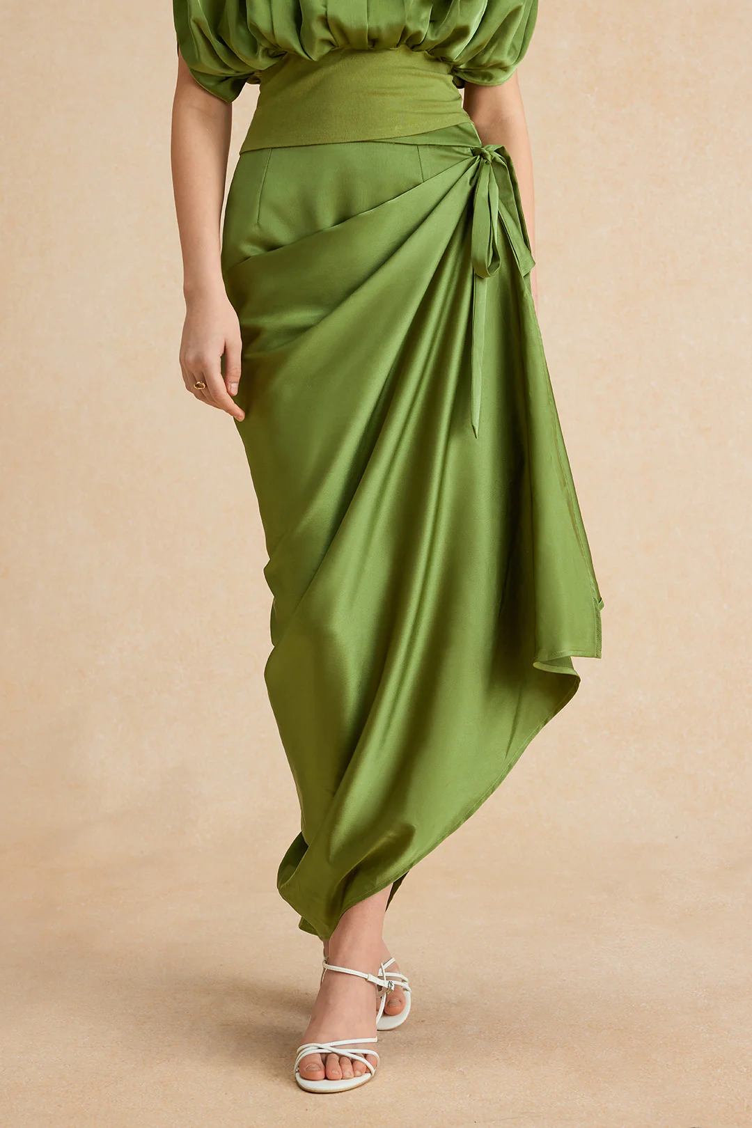 Satin Asymmetrical Ruched Tie Knot Zipper Skirt - Flockneti