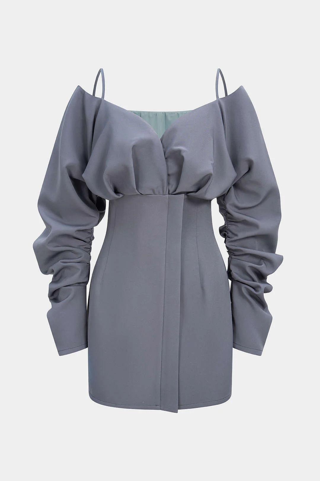 Off-Shoulder Ruched Long Sleeve Mini Dress - Flockneti