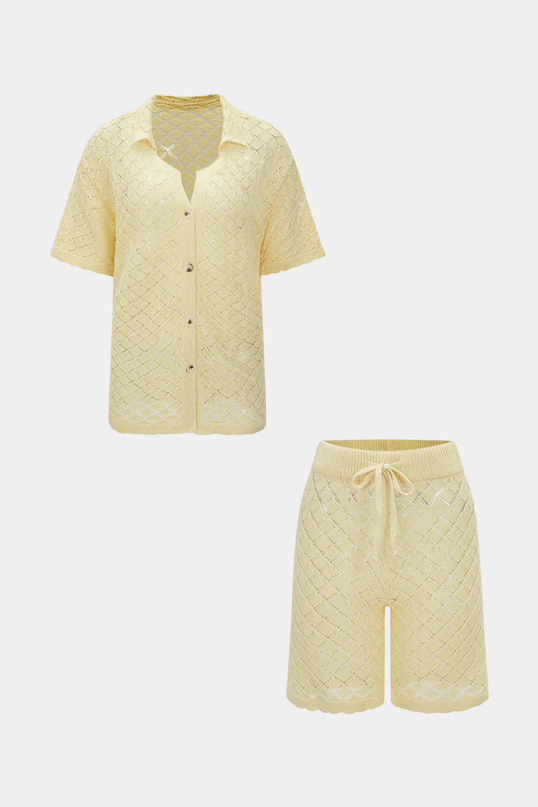 Knit Hollow Out Button Short-Sleeve And Drawstring Shorts Set - Flockneti