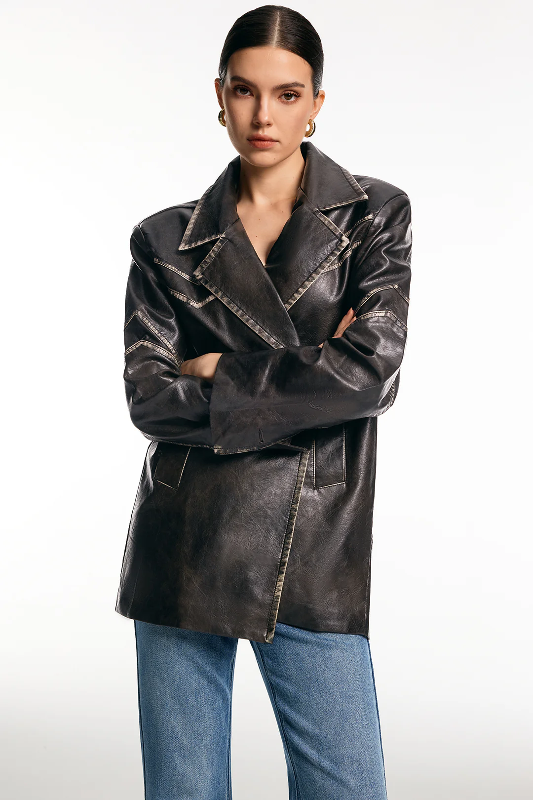 Faux Leather Washed Blazer - Flockneti