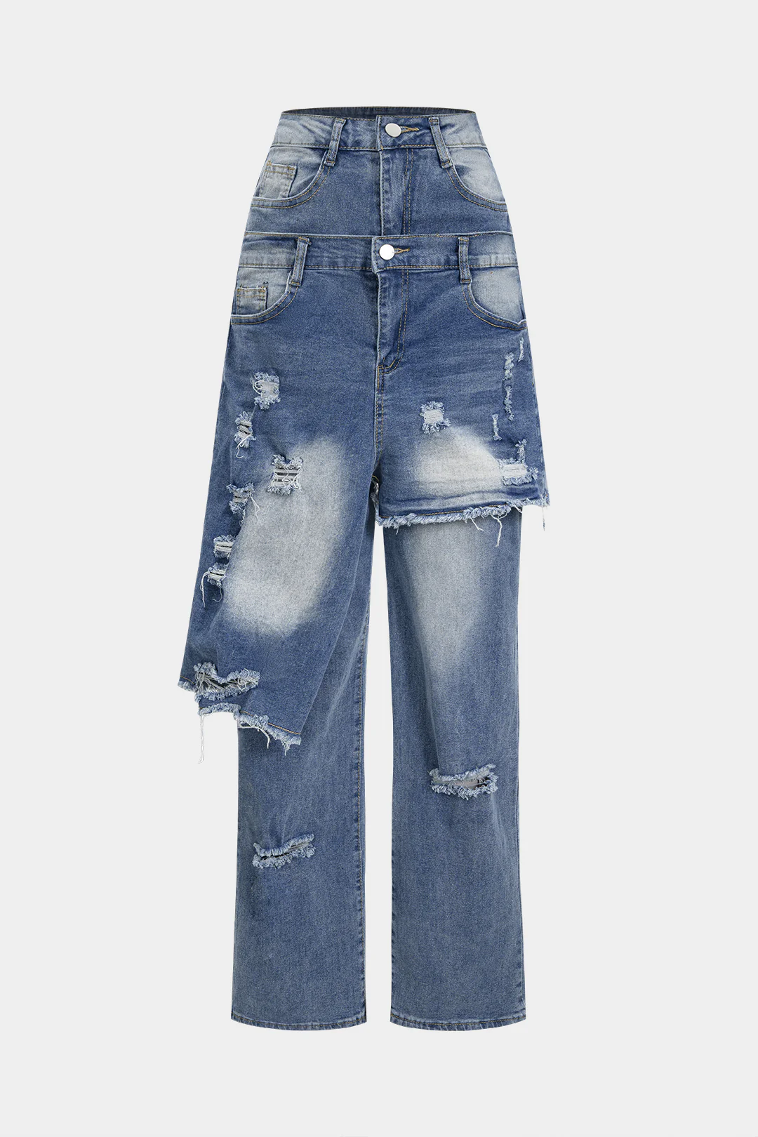 Denim Double Waistband Asymmetrical Ripped Straight Leg Jeans - Flockneti