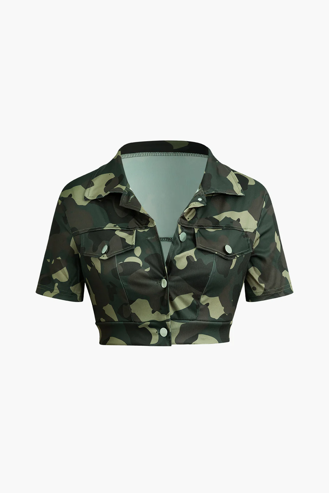Camo Print V-Neck Button Short Sleeve Top And Shorts Set - Flockneti