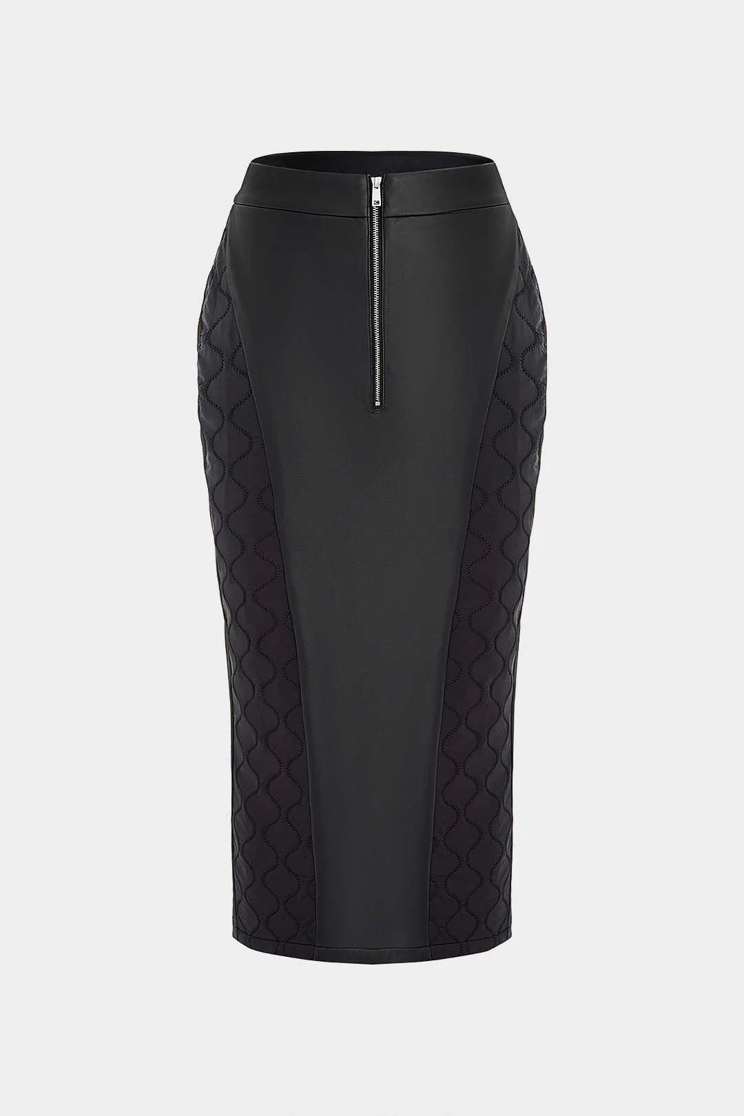 Faux Leather Quilted Patchwork Zipper Split Skirt - Flockneti