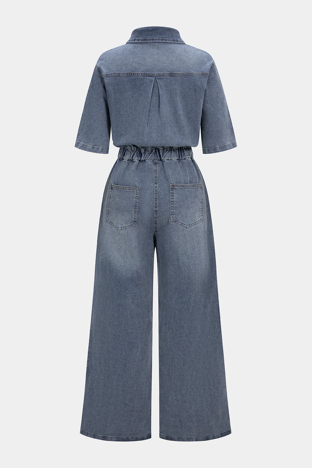 Denim Button Drawstring Pocket Short-Sleeve Jumpsuit - Flockneti
