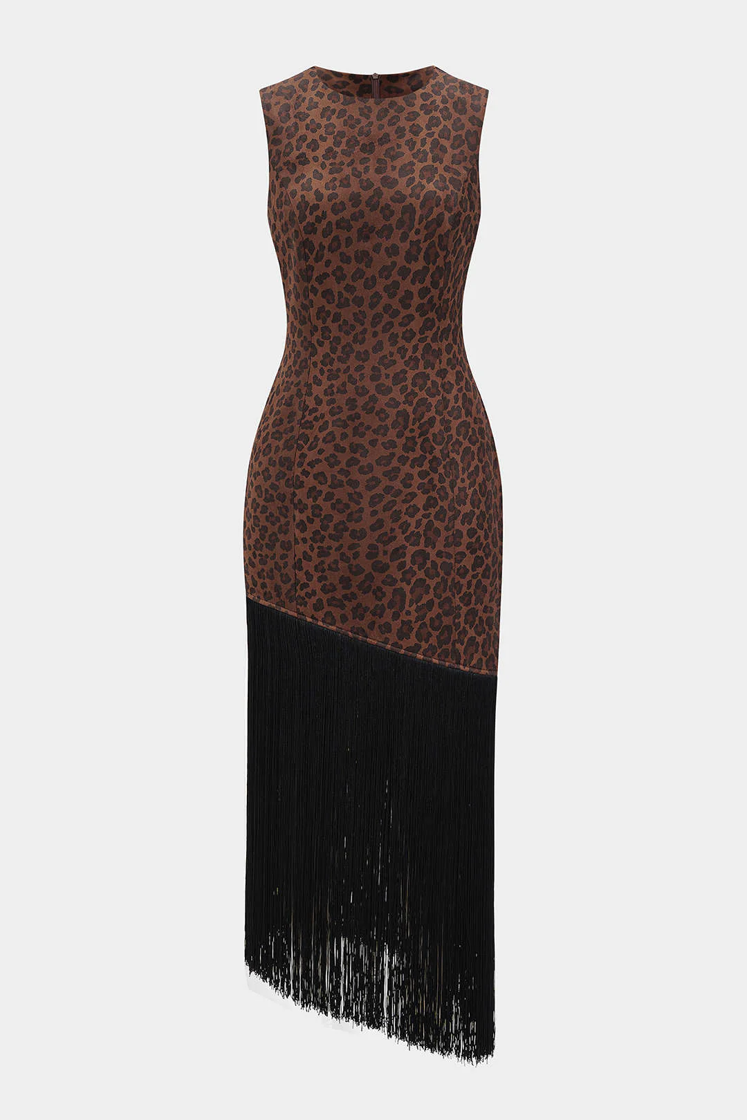 Leopard Print Suede Round Neck Fringe Asymmetrical Maxi Dress - Flockneti