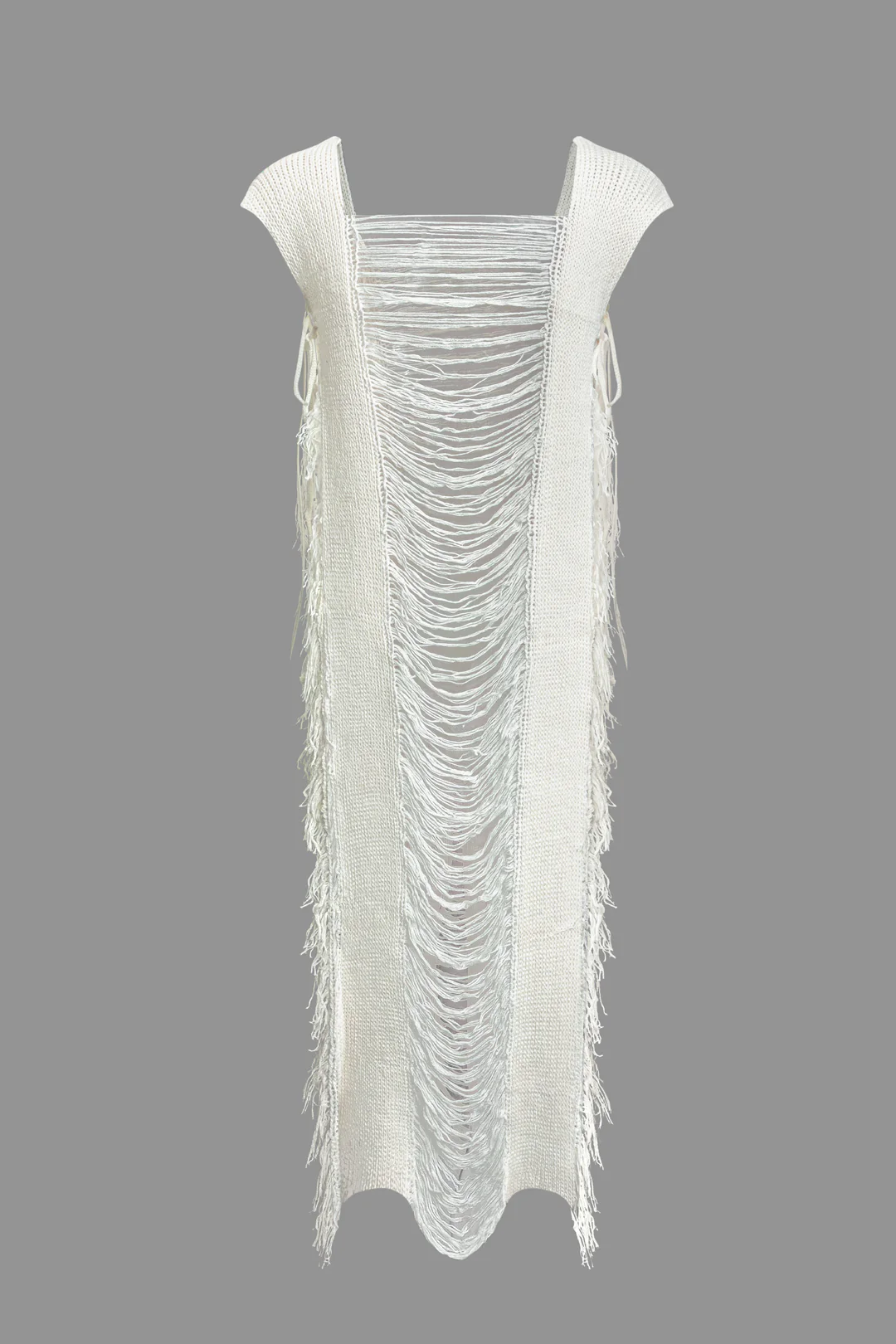 Knit Fringe Cut Out Ripped Sleeveless Dress - Flockneti