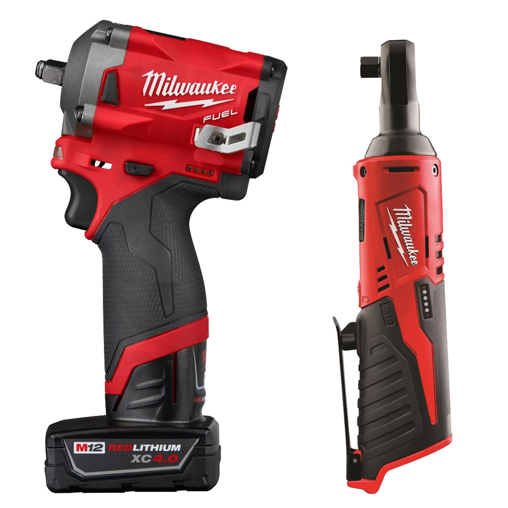 Milwaukee M12 FUEL Stubby 3/8In Impact Wrench M12 3/8In Ratchet Bundle Kit - Flockneti