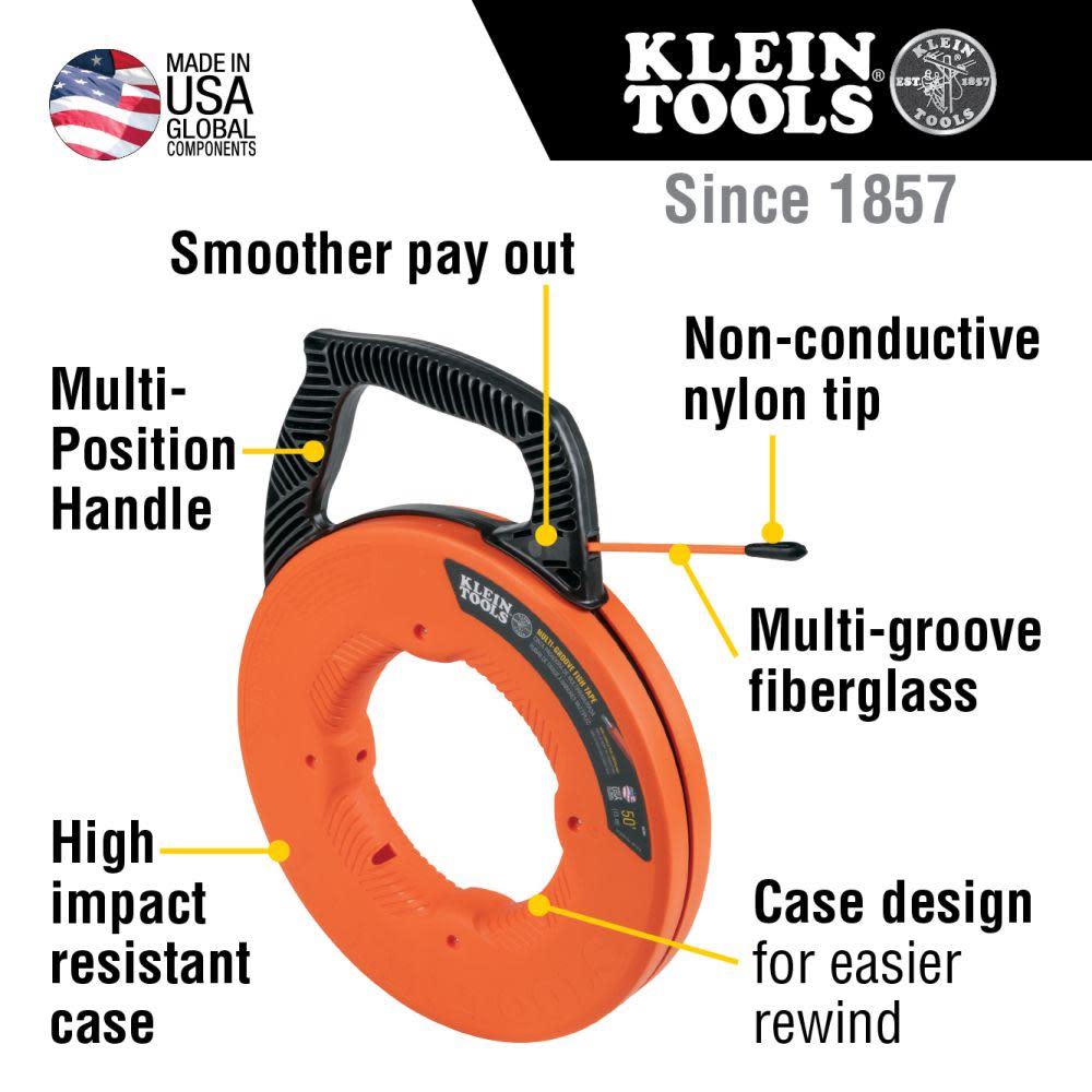 Klein Tools 100′ Multi-Groove Fiberglass Fish Tape - Flockneti