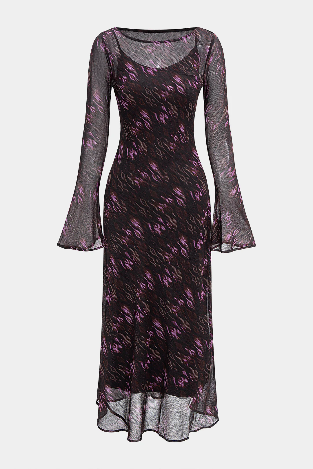 Abstract Leopard Print Chiffon Ruched Long Sleeve Maxi Dress - Flockneti