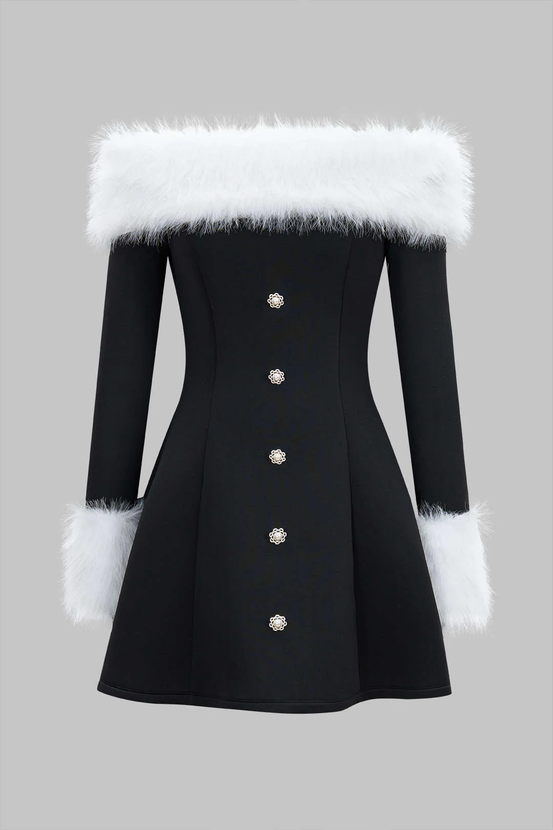 Fur Trim Patchwork Off-Shoulder Button Long Sleeve Mini Dress - Flockneti