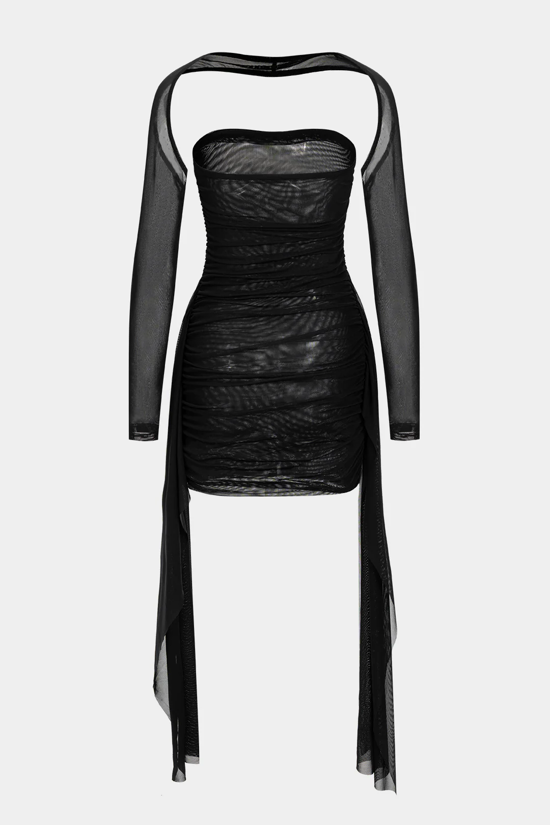 Sheer Mesh Ruched Strapless Midi Dress With Long Sleeve Overlay - Flockneti